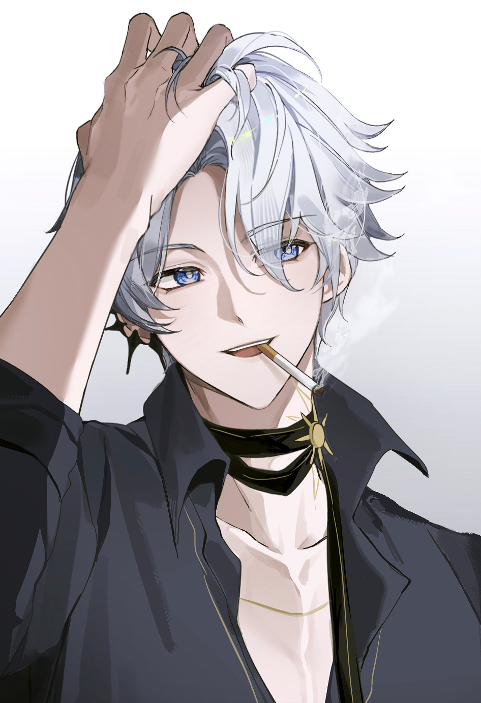 los-sin, phainon (fashion) (honkai: star rail), phainon (honkai: star rail), honkai: star rail, honkai (series), highres, 1boy, black choker, black shirt, blue eyes, choker, cigarette, collarbone, gradient background, grey hair, hair between eyes, hand on own head, holding, holding cigarette, looking to the side, male focus, neck tattoo, official alternate costume, open clothes, open mouth, open shirt, parted bangs, shirt, short hair, smile, smoking, solo, sun symbol, sun tattoo, tan, tattoo, upper body, white background, yellow pupils