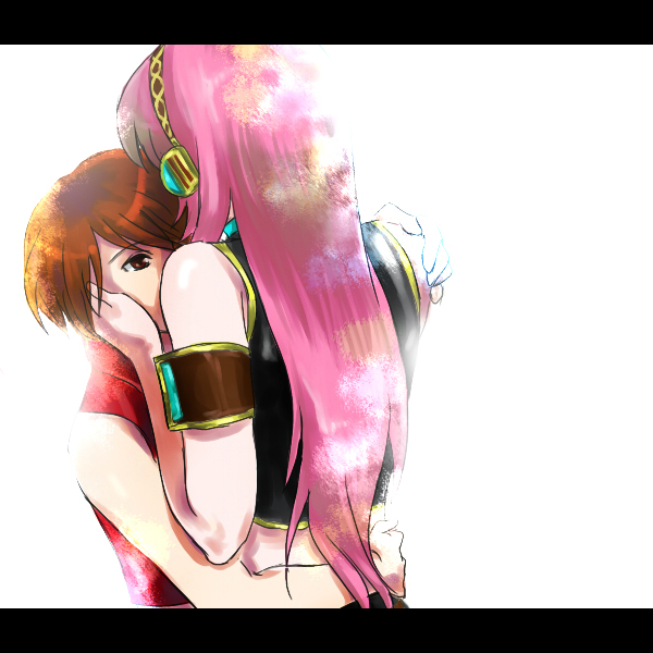 ririclub, megurine luka, meiko (vocaloid), vocaloid, 2girls, bare shoulders, brown eyes, brown hair, headphones, hug, letterboxed, long hair, multiple girls, pink hair, short hair, yuri