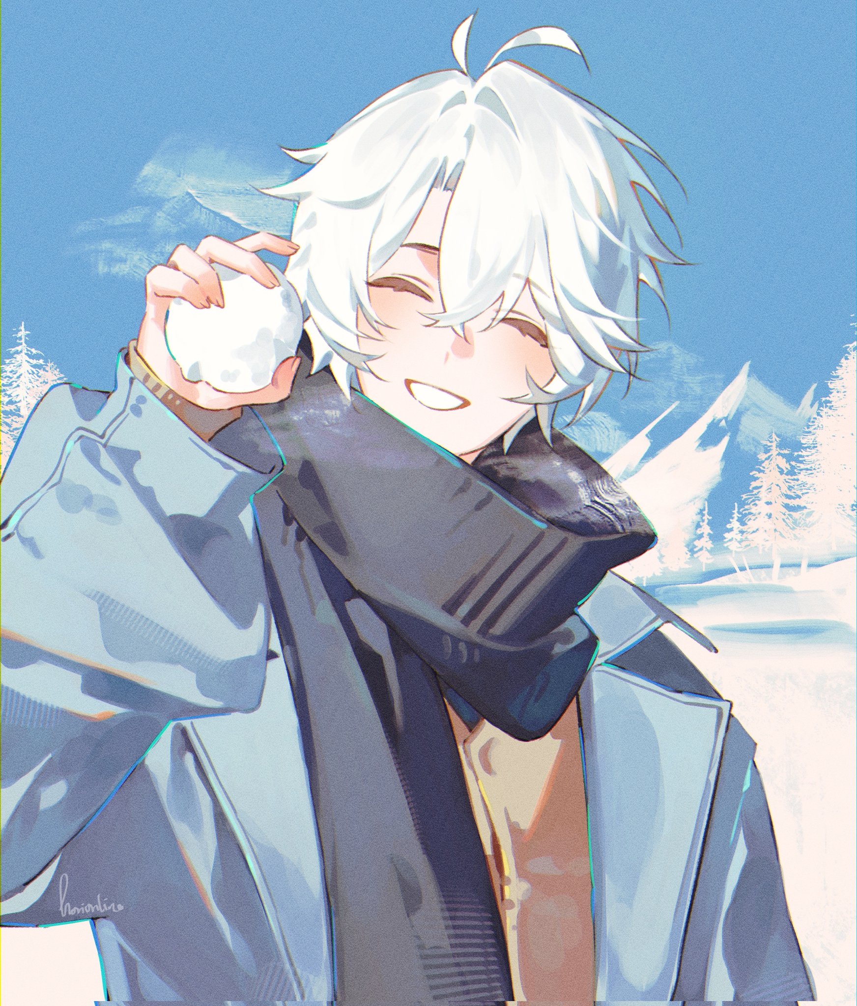 phainon (honkai: star rail), honkai: star rail, honkai (series), highres, 1boy, alternate costume, antenna hair, black scarf, blue coat, coat, crossed bangs, facing viewer, grey hair, grin, hair between eyes, hand up, holding, holding snowball, horionline, light blush, male focus, outdoors, parted bangs, scarf, short hair, smile, snow, snowball, solo, teeth, upper body, winter clothes