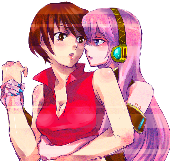 ririclub, megurine luka, meiko (vocaloid), vocaloid, corrupted file, 2girls, bare shoulders, blue eyes, blue nails, breasts, brown eyes, brown hair, cleavage, headphones, hug, large breasts, long hair, midriff peek, multiple girls, nail polish, pink hair, short hair, yuri