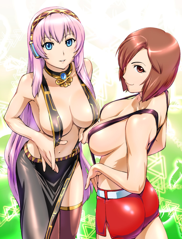 ueyama michirou, megurine luka, meiko (vocaloid), vocaloid, 2girls, bare shoulders, blue eyes, breasts, brown eyes, brown hair, choker, cleavage, hair over one eye, large breasts, long hair, multiple girls, navel, pink hair, short hair, short shorts, shorts, side slit, sideboob, smile, suspenders, thighhighs, very long hair