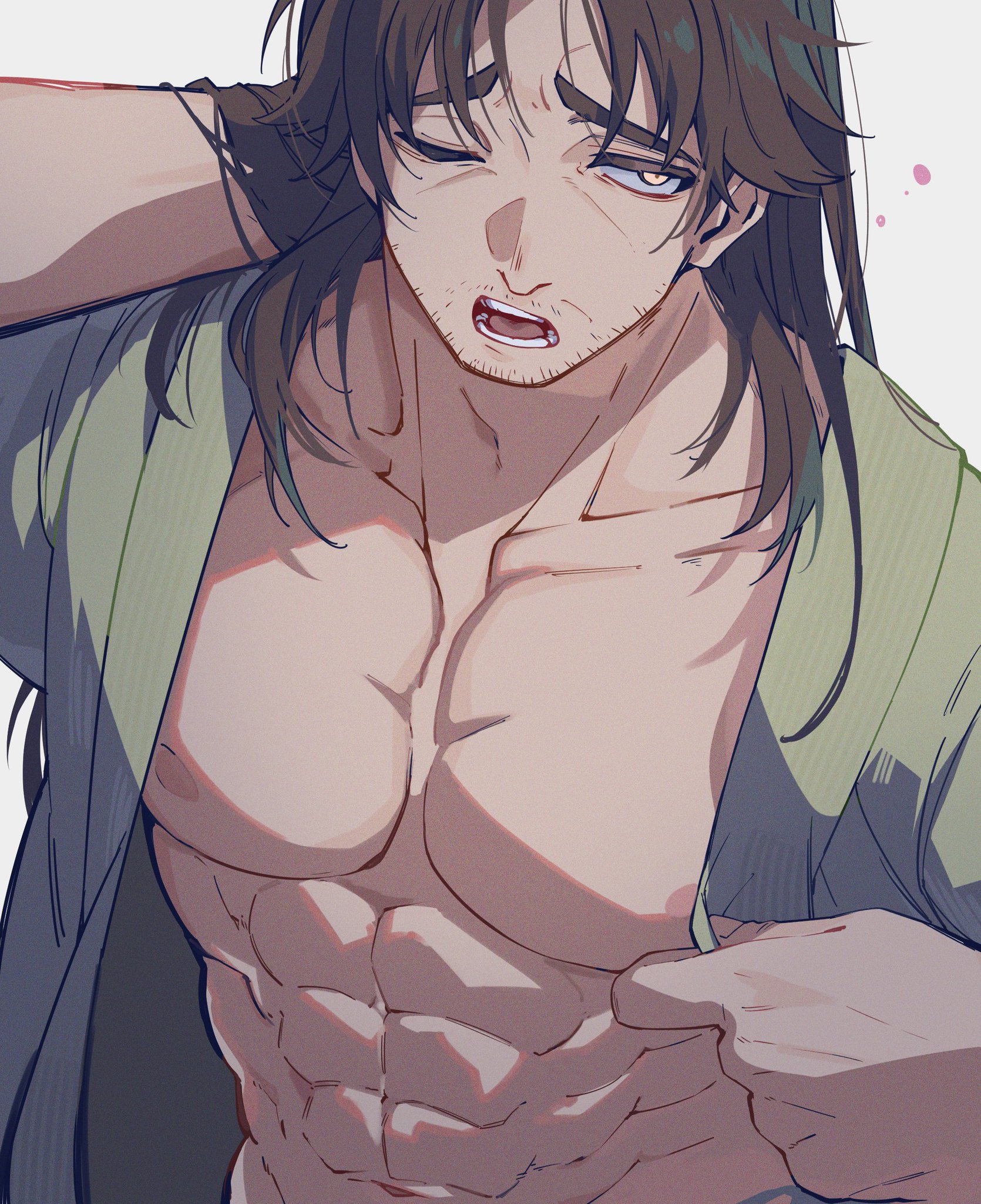 nekoma hikaru, kengan (series), kengan ashura, commentary request, highres, 1boy, abs, arm behind head, bara, bare pectorals, brown hair, hatsumi sen, male focus, messy hair, muscular, muscular male, navel, nipples, one eye closed, open clothes, open mouth, pectorals, sleepy, solo, sparse stubble, squeans, upper body, white background, yawning