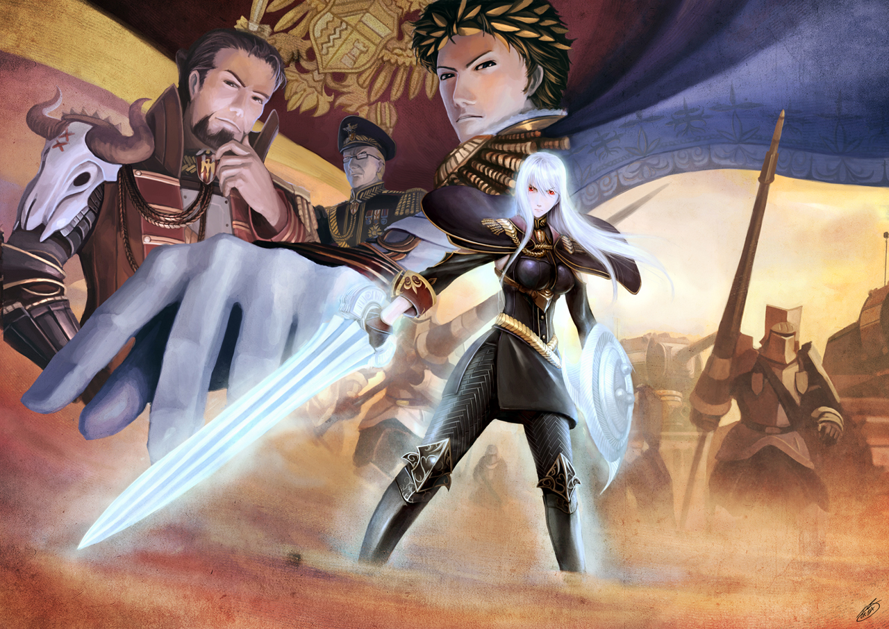 okita, berthold gregor, maximilian, maximilian gaius von reginrave, radi jaeger, selvaria bles, senjou no valkyria, senjou no valkyria (series), senjou no valkyria 1, silver hair, vehicle, character request, 00s, 1girl, 3boys, beard, facial hair, lance, long hair, military, military vehicle, motor vehicle, multiple boys, pantyhose, polearm, red eyes, shield, spear, tank, weapon