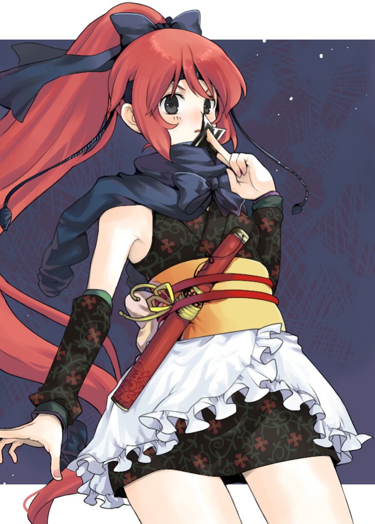 aki (mare desiderii), original, bad id, bad pixiv id, bare shoulders, black eyes, bow, frills, hair bow, long hair, ninja, ponytail, red hair, shuriken, solo, weapon