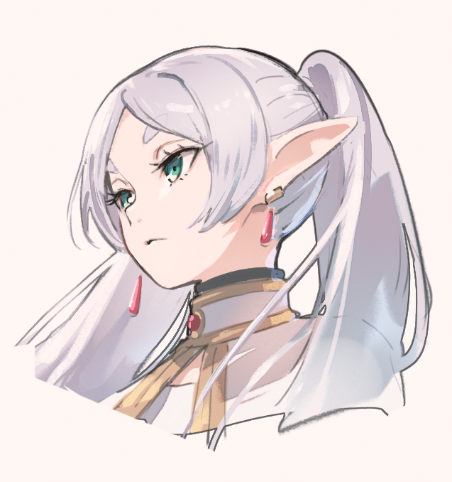 fuyuno yuuki, frieren, sousou no frieren, commentary request, 1girl, capelet, cropped shoulders, earrings, elf, expressionless, eyelashes, gold trim, green eyes, grey hair, hair over shoulder, jewelry, long pointy ears, meme, parted bangs, pointy ears, simple background, solo, teardrop earrings, thick eyebrows, twintails, upper body, upward angle frieren drawing (meme), white background, white capelet