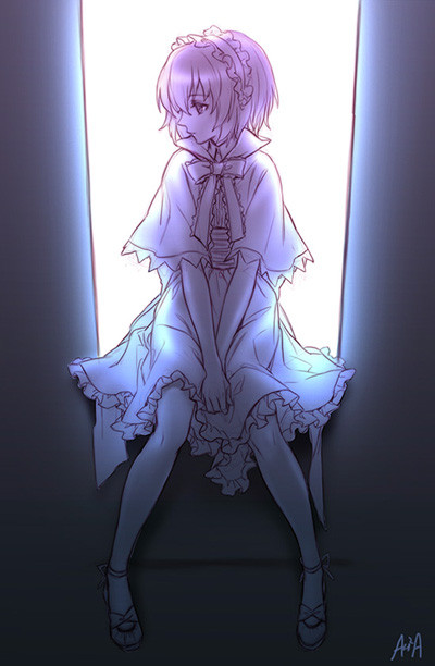 an2a, alice margatroid, touhou, 1girl, backlighting, female focus, hairband, monochrome, short hair, sitting, solo