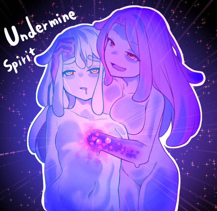 kuroame uma, original, 2girls, blue hair, blue skin, breasts, colored skin, grabbing own breast, monster girl, multiple girls, purple hair, purple skin, slime girl, small breasts