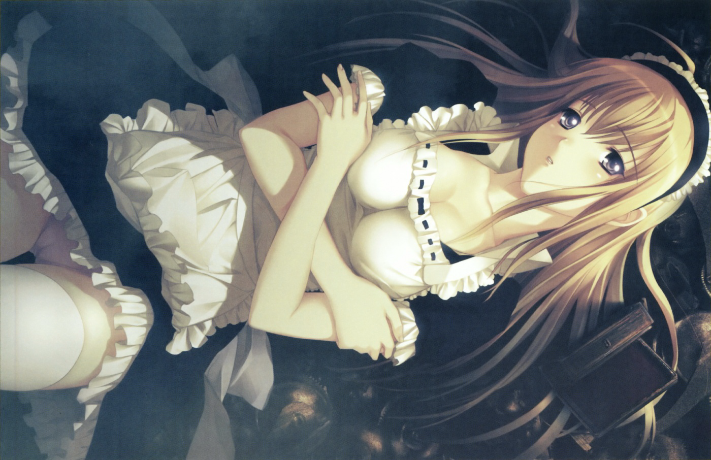 oosaki shin'ya, anna (gekkou no carnevale), gekkou no carnevale, nitroplus, 1girl, blonde hair, breasts, cameltoe, cleavage, crossed arms, female focus, frills, hairband, long hair, lying, maid, maid headdress, panties, pink panties, purple eyes, solo, thighhighs, underwear, white thighhighs, zettai ryouiki