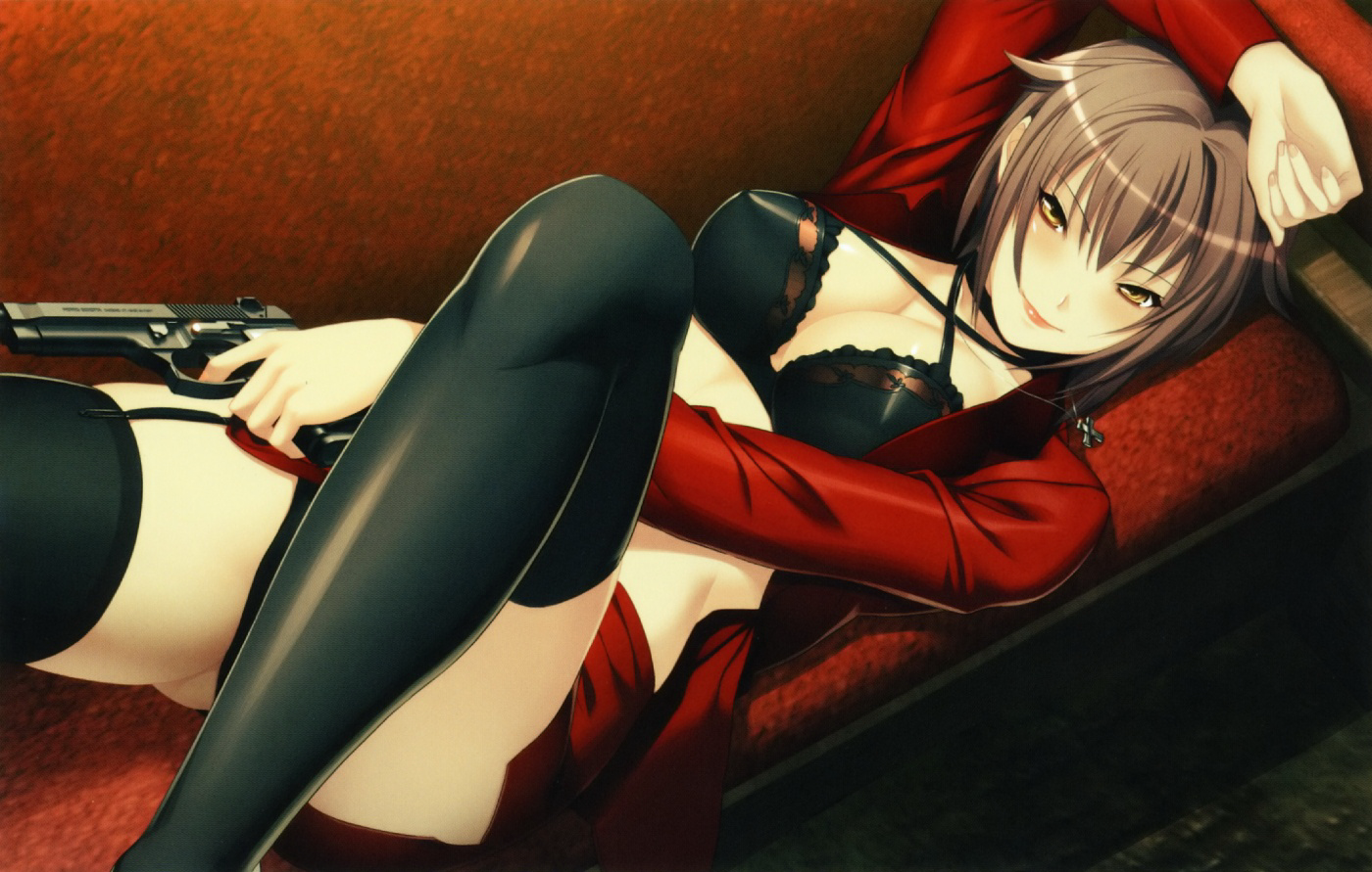 oosaki shin'ya, rebecca (gekkou no carnevale), gekkou no carnevale, nitroplus, black legwear, black bra, black hair, black panties, blush, bra, breasts, brown hair, business suit, cleavage, couch, garter belt, gun, handgun, jewelry, large breasts, lingerie, lying, midriff, miniskirt, necklace, on back, open clothes, open shirt, panties, pistol, semiautomatic, shirt, short hair, skirt, smile, solo, thighhighs, underwear, weapon, yellow eyes