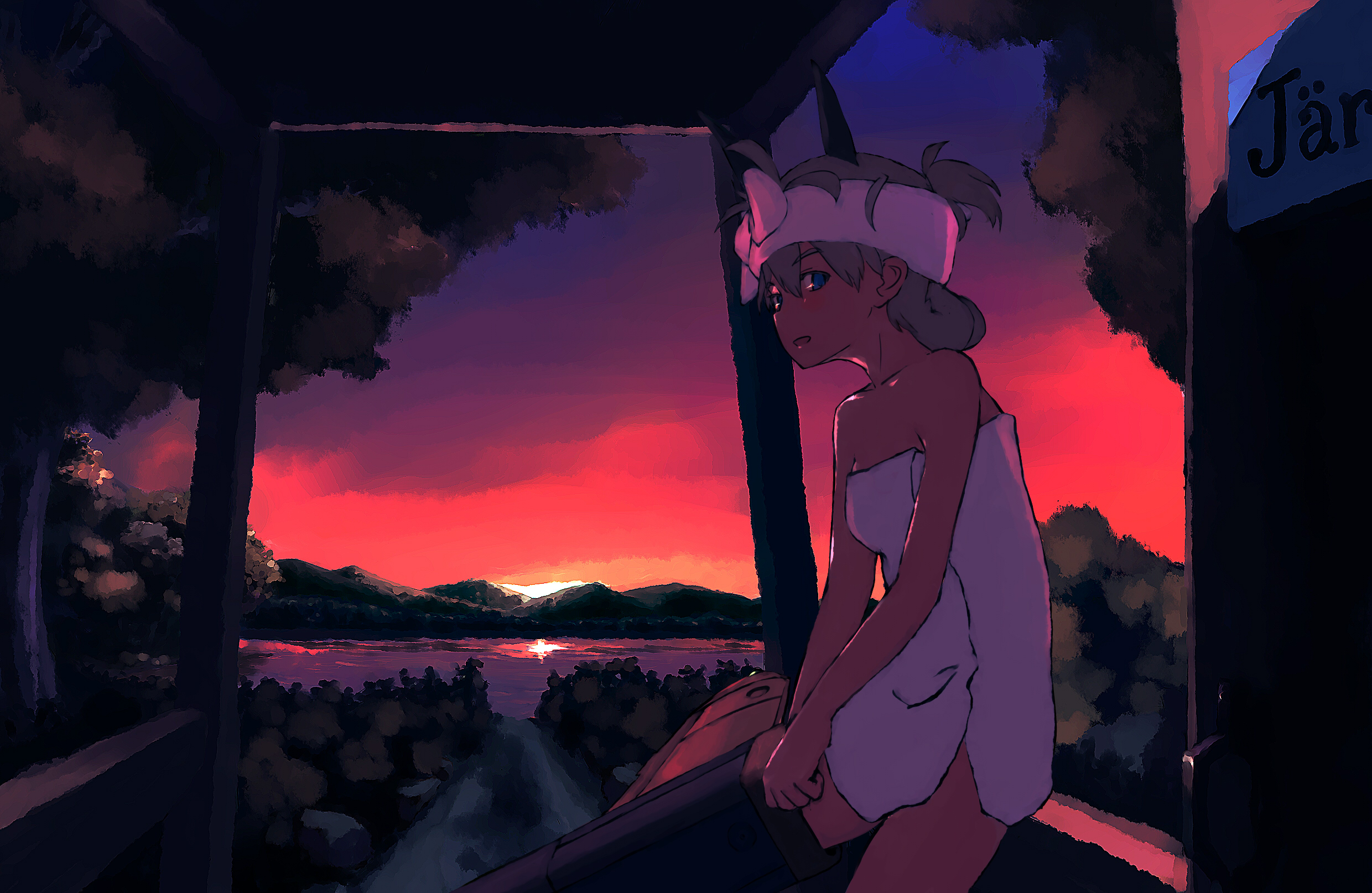 shibafu (glock23), eila ilmatar juutilainen, strike witches, world witches series, bad id, bad pixiv id, highres, 00s, 1girl, blue eyes, blush, female focus, scenery, solo, striker unit, sunset, towel