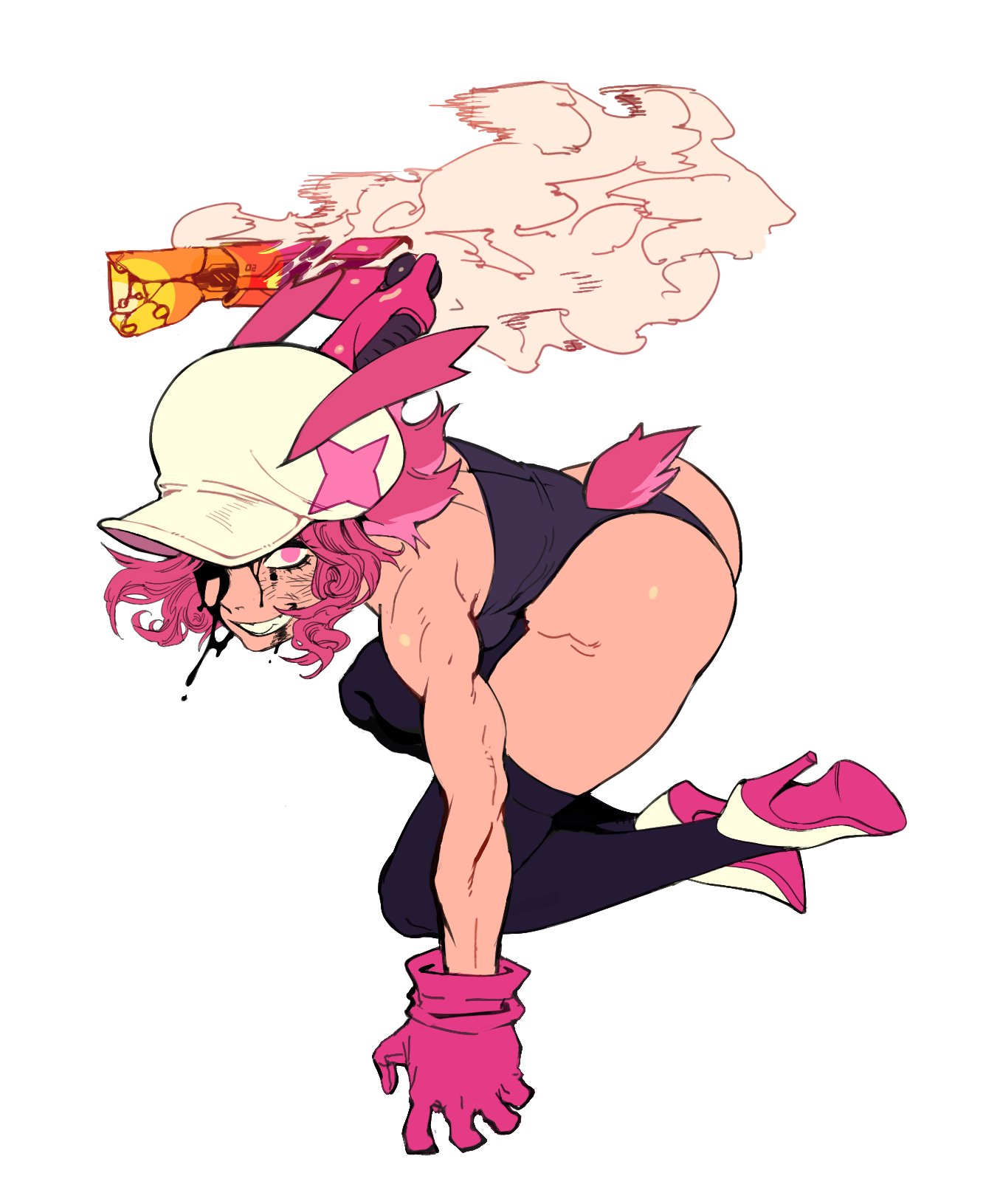 void dot exe, zephyrgales, cherry (zephyr gales), 1girl, animal ears, ass, bare shoulders, blood, breasts, fire, full body, gloves, hat, high heels, incoming attack, incoming punch, looking at viewer, mechanical arms, medium breasts, muscular, muscular female, one eye covered, pink eyes, pink hair, punching, rabbit ears, rabbit tail, single mechanical arm, smile, soles, tail, teeth, thighhighs, white background