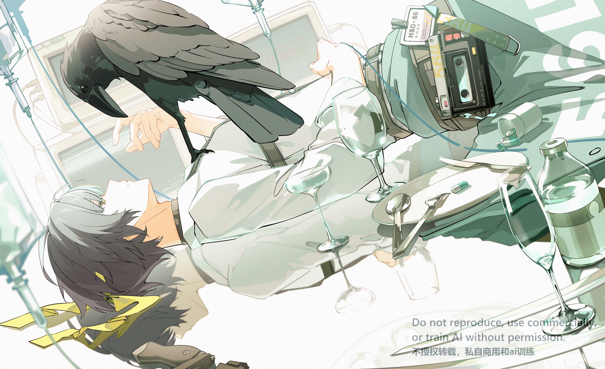 bingzhen h2o, asaba harumasa, zenless zone zero, commentary request, highres, 1boy, bird, black hair, black necktie, cassette player, champagne coupe, champagne flute, closed mouth, clothes around waist, crow, cup, drinking glass, fork, glass bottle, hand on own stomach, hand up, headband, id card, indoors, intravenous drip, iv stand, kitchen knife, knife, looking at animal, lying, male focus, necktie, on back, pill, pill bottle, plate, reflection, screen, shirt, short hair, solo, spoon, white shirt, wine glass, yellow eyes, yellow headband