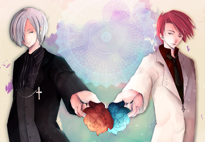 toukoku sasaiko, amakusa juuza, ushiromiya battler, umineko no naku koro ni, bad id, bad pixiv id, 00s, 2boys, cross, flower, formal clothes, hair over one eye, male focus, multiple boys, rose, suit