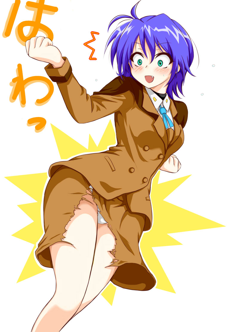 violetshit, subaru nakajima, lyrical nanoha, mahou shoujo lyrical nanoha, mahou shoujo lyrical nanoha strikers, bad id, bad pixiv id, 00s, 1girl, blue hair, blush, breasts, embarrassed, fang, female focus, green eyes, panties, solo, surprised, torn clothes, underwear, wardrobe malfunction