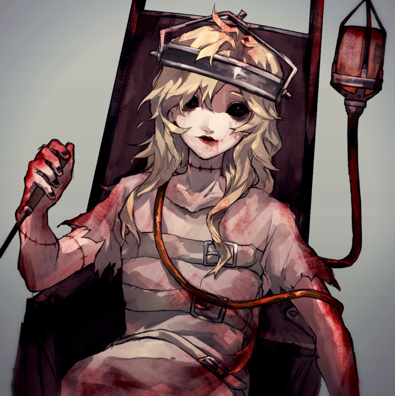 galatea claude, identity v, highres, 1girl, black sclera, blonde hair, blood, blood on clothes, blood on hands, colored sclera, colored skin, head tilt, intravenous drip, lipstick, long hair, makeup, sitting, smeared lipstick, solid eyes, solo, stitched neck, stitches, straitjacket, torn clothes, um ld, upper body, wavy hair, wheelchair, white skin