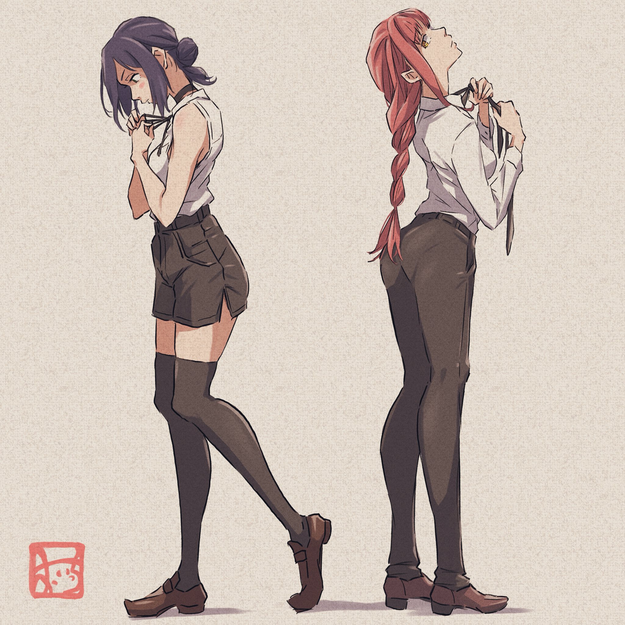 oicchikun, makima (chainsaw man), reze (chainsaw man), chainsaw man, commentary, commentary request, hashtag-only commentary, highres, translation request, 2girls, arched back, arms up, ass, black necktie, braid, breasts, choker, demon, demon girl, from side, full body, hair between eyes, hair bun, logo, looking at viewer, looking down, medium breasts, multiple girls, necktie, paper texture, purple hair, red hair, shirt, shirt tucked in, shorts, sidelocks, single braid, sleeveless, sleeveless shirt, small breasts, standing, thighhighs, thighs, white shirt, zettai ryouiki