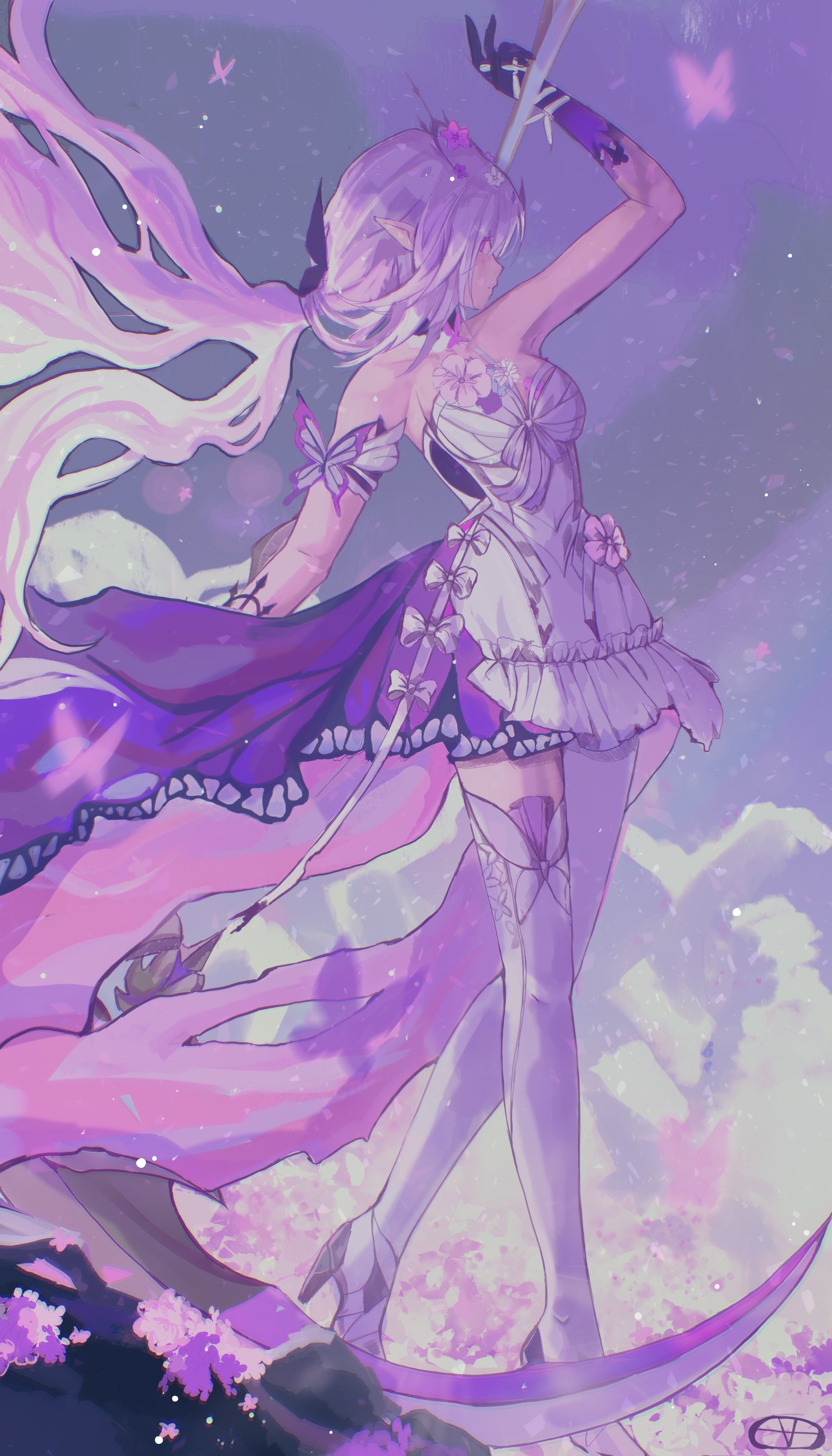 echidnas, castorice (honkai: star rail), honkai: star rail, honkai (series), absurdres, highres, 1girl, arm up, asymmetrical legwear, bare shoulders, black tiara, bow, bug, butterfly, closed mouth, dress, facing to the side, full body, gloves, high heels, insect, long hair, pantyhose, pointy ears, purple butterfly, purple eyes, purple gloves, purple hair, scythe, shoes, solo, standing, thighhighs, tiara, uneven legwear, very long hair, white bow, white dress, white pantyhose, white shoes, white thighhighs