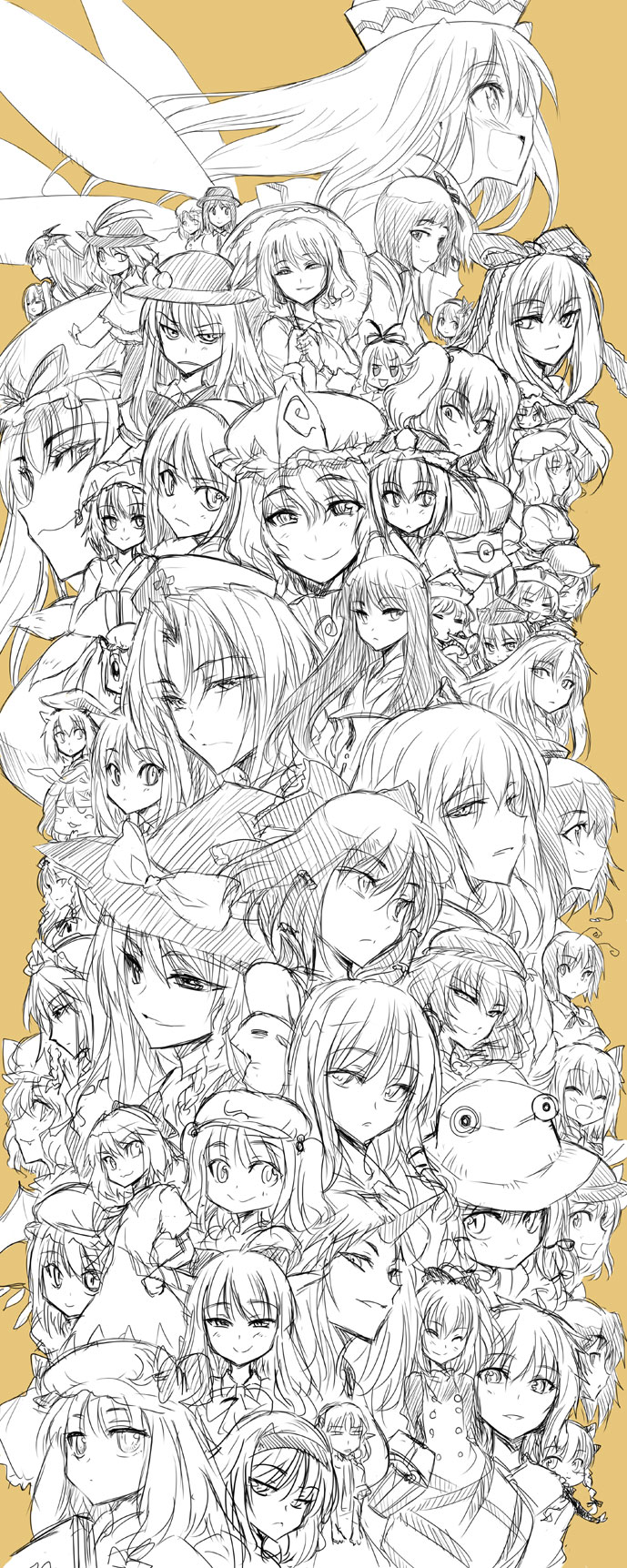 haruno tomoya, mr. yacchatta, aki minoriko, aki shizuha, alice margatroid, chen, cirno, daiyousei, flandre scarlet, fujiwara no mokou, hakurei reimu, hieda no akyuu, hinanawi tenshi, hong meiling, hoshiguma yuugi, houraisan kaguya, ibuki suika, inaba tewi, inubashiri momiji, izayoi sakuya, kaenbyou rin, kagiyama hina, kamishirasawa keine, kawashiro nitori, kazami yuuka, kirisame marisa, koakuma, kochiya sanae, komeiji koishi, komeiji satori, konpaku youmu, kurodani yamame, letty whiterock, lily white, lunasa prismriver, lyrica prismriver, maribel hearn, medicine melancholy, merlin prismriver, mizuhashi parsee, moriya suwako, mystia lorelei, nagae iku, onozuka komachi, patchouli knowledge, reisen udongein inaba, reiuji utsuho, remilia scarlet, rumia, saigyouji yuyuko, shameimaru aya, shiki eiki, su-san, usami renko, wriggle nightbug, yagokoro eirin, yakumo ran, yakumo yukari, yasaka kanako, ghostly field club, touhou, highres, long image, 6+girls, absolutely everyone, animal ears, animal hat, antennae, blush, bow, braid, cat ears, close-up, crystal, dress, everyone, fairy, food, fruit, hair bow, hair tubes, hands in opposite sleeves, hat, hat bow, hat ribbon, horns, ice, ice wings, long hair, long sleeves, looking at viewer, maid headdress, mob cap, monochrome, multiple girls, open mouth, peach, ribbon, short hair, short sleeves, single braid, single horn, sketch, triangular headpiece, twin braids, two side up, vampire, wings, witch, yellow background