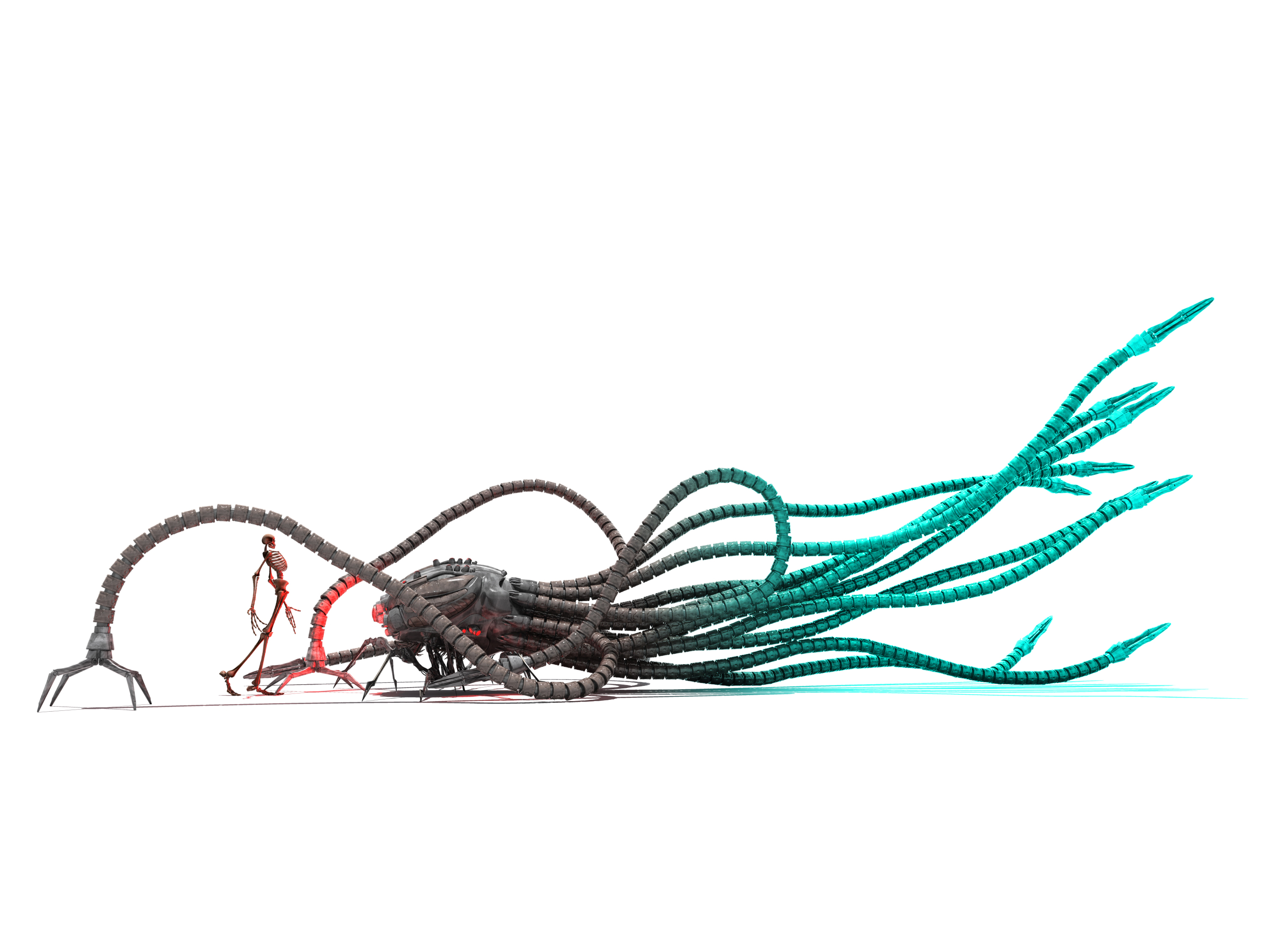 deino (deino3330), sentinel, sentinel (the matrix), the matrix, highres, 3d, giant, machine, no humans, non-humanoid robot, robot, simple background, skeleton, skill, tentacles, white background