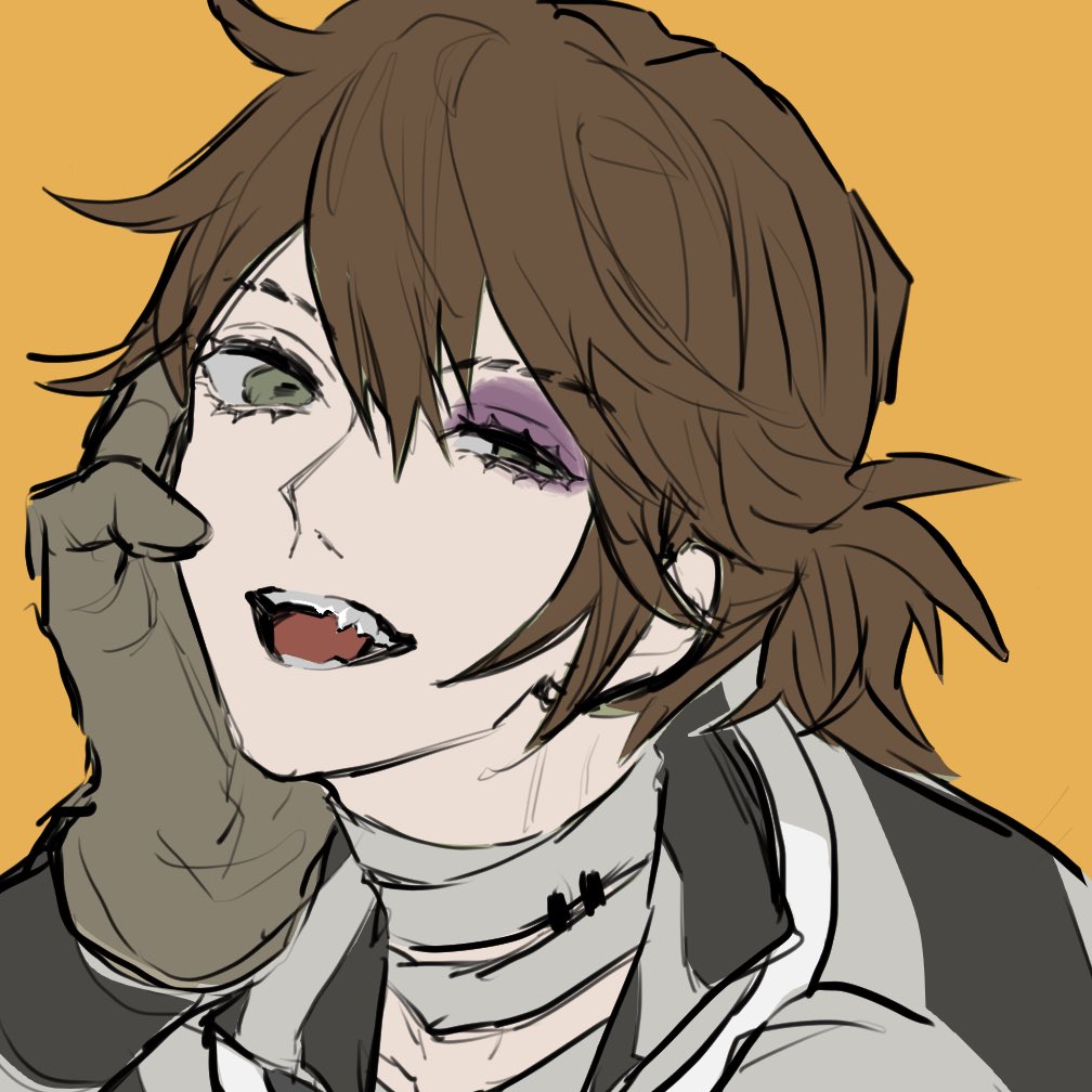 luca balsa, identity v, 1boy, :d, bandaged neck, bandages, brown gloves, brown hair, bruise, bruised eye, fang, gloves, green eyes, grin, hair between eyes, half-closed eye, hand on own face, head back, injury, looking at viewer, male focus, open mouth, ponytail, portrait, sharp teeth, shirt, short ponytail, smile, solo, striped clothes, striped shirt, teeth, um ld, uneven eyes, yellow background