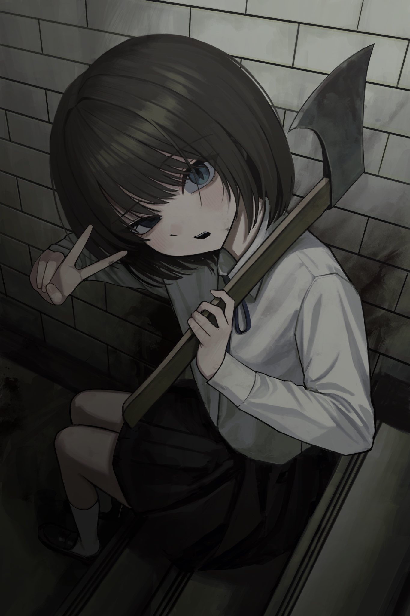 sakiika0513, original, highres, 1girl, axe, black eyes, black skirt, blood, blood on wall, blue eyes, brown hair, heterochromia, holding, holding axe, looking at viewer, open mouth, shirt, shoes, short hair, sitting, sitting on stairs, skirt, slit pupils, socks, solo, stairs, teeth, upper teeth only, v, white shirt, white socks