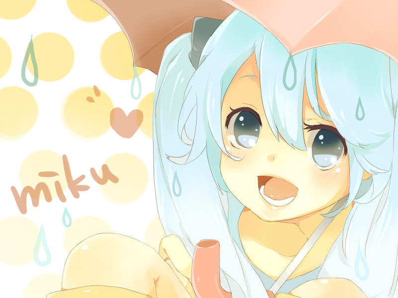 momongatarosu, hatsune miku, vocaloid, bad id, bad pixiv id, 1girl, aqua eyes, aqua hair, female focus, heart, long hair, open mouth, solo, twintails, umbrella