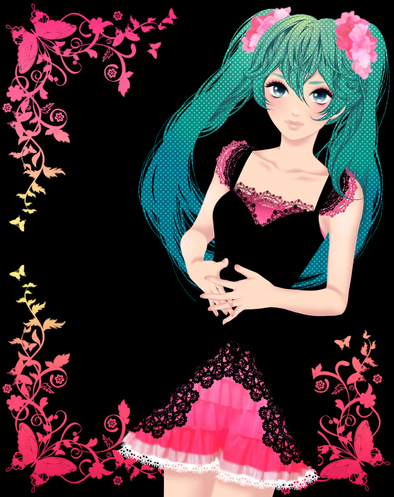 chiaki (pixiv), hatsune miku, vocaloid, bad id, bad pixiv id, md5 mismatch, resolution mismatch, source smaller, 1girl, aqua eyes, aqua hair, dress, female focus, long hair, solo, twintails