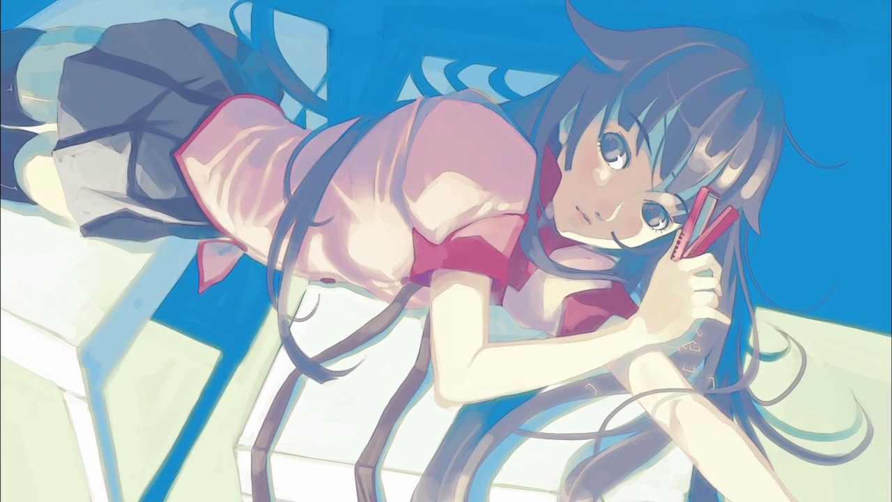 vofan, senjougahara hitagi, bakemonogatari, monogatari (series), screencap, official art, 00s, 1girl, female focus, indoors, long hair, lying, purple hair, school uniform, skirt, solo, stapler, stationery, thighhighs, zettai ryouiki