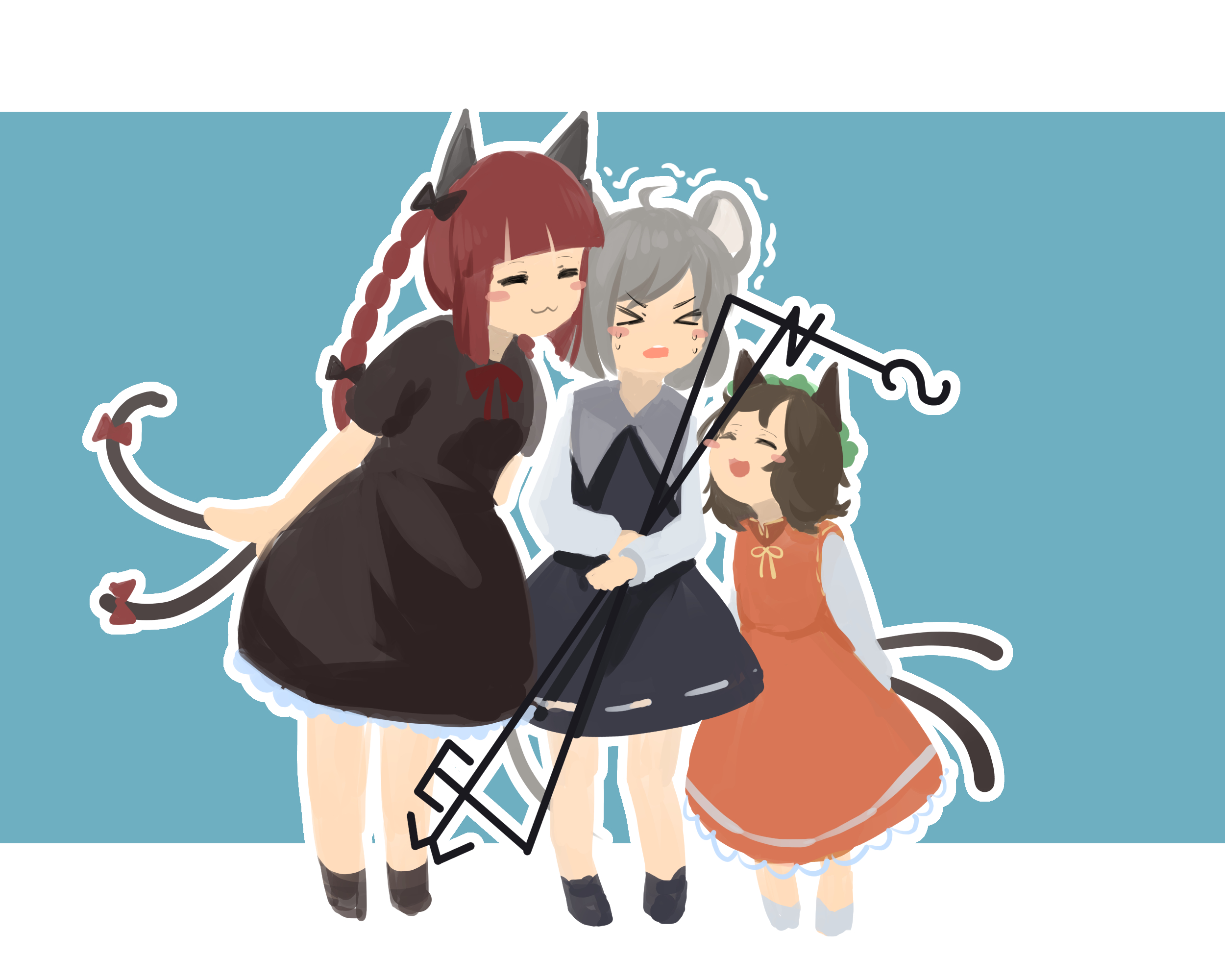 furahata gen, chen, kaenbyou rin, nazrin, touhou, highres, > <, 3girls, :3, :d, = =, ^ ^, animal ears, aqua background, arms behind back, black dress, black shoes, blunt bangs, blush stickers, bow, bowtie, braid, brown hair, capelet, cat ears, cat girl, cat tail, closed eyes, dress, frilled dress, frills, grey capelet, grey hair, hair between eyes, hair bow, hand on own arm, holding, leaning forward, long sleeves, medium hair, mouse ears, mouse girl, multiple girls, multiple tails, nervous, open mouth, orange dress, red bow, red bowtie, shirt, shoes, short hair, short sleeves, sleeve cuffs, smile, standing, sweatdrop, swept bangs, tail, teeth, trembling, twin braids, two-tone background, two tails, upper teeth only, white background, white shirt, white shoes