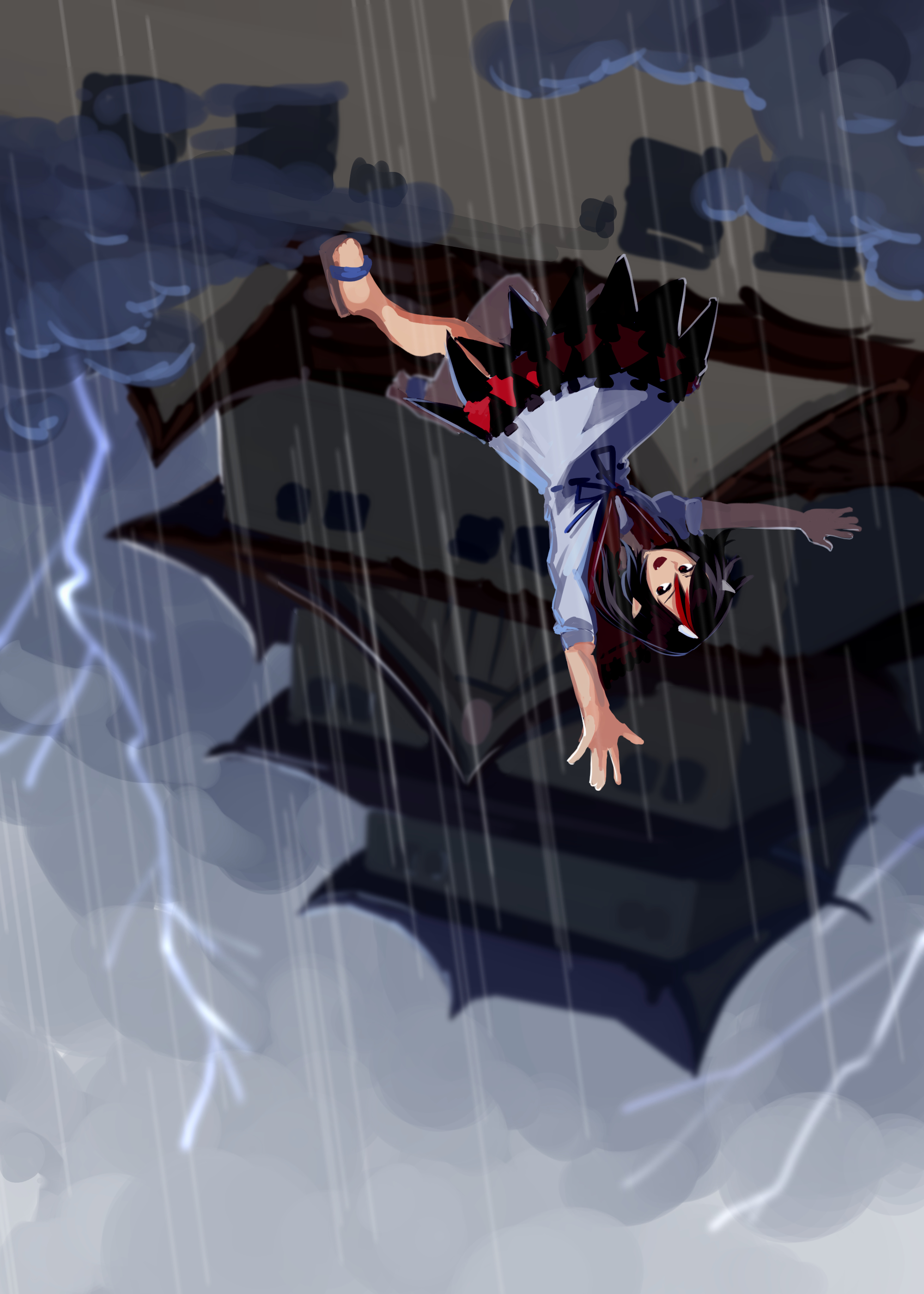 furahata gen, kijin seija, double dealing character, touhou, absurdres, highres, 1girl, black dress, black hair, blue ribbon, cloud, cloudy sky, dress, dress ribbon, floating, horns, lightning, platform sandals, rain, ribbon, sandals, shining needle castle, sky, sleeve cuffs, small horns, solo, two-tone dress, upside-down, white dress, white horns