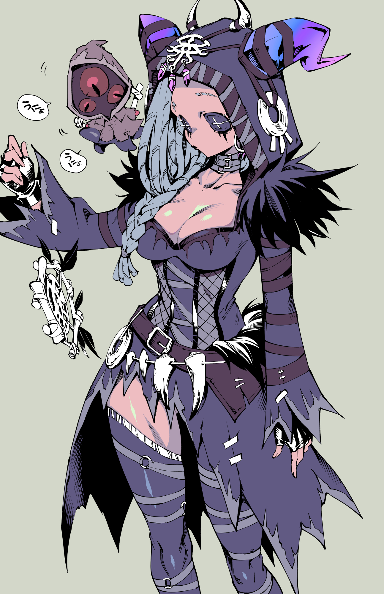 yousuke (yosk), fiona gilman, fiona gilman (morgan the fairy), identity v, highres, 1girl, black lips, black thighhighs, blue dress, braid, breasts, button eyes, buttons, choker, cleavage, curvy, dress, feather-trimmed dress, feet out of frame, fingerless gloves, forehead, gloves, goat horns, grey hair, hood, hood up, horns, horns through hood, looking at object, makeup, medium breasts, mini hastur, o-ring, o-ring choker, official alternate costume, purple horns, runny makeup, side braid, speech bubble, thick thighs, thighhighs, thighs, wide sleeves