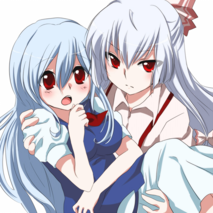 marimo danshaku, fujiwara no mokou, kamishirasawa keine, touhou, silver hair, bad id, bad pixiv id, 2girls, bad anatomy, bad hands, blue hair, blush, carrying, couple, female focus, hair ribbon, long hair, multiple girls, no headwear, poorly drawn, princess carry, red eyes, ribbon, suspenders, tareme, tsurime, yuri