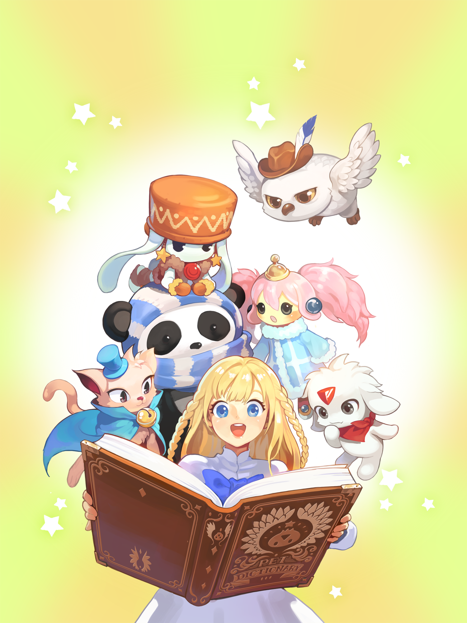 sang ah yoon, tichiel juspian, nexon, tales weaver, character request, commentary request, highres, korean commentary, official art, 1girl, :d, :o, bandana, bandana around neck, bear, bell, bird, black eyes, blonde hair, blue bow, blue cape, blue coat, blue eyes, blue hat, blue scarf, blue sleeves, blush, book, bow, braid, brown eyes, brown hat, cape, cat, coat, collared cape, collared dress, colored sclera, dictionary, dress, dress bow, earrings, english text, eyelashes, feathered wings, floppy ears, forehead jewel, fur-trimmed coat, fur-trimmed sleeves, fur collar, fur hat, fur sleeve cuffs, fur trim, gem, green background, grey eyes, hat, hat feather, high collar, jewelry, jingle bell, long hair, long sleeves, midair, mini hat, mini top hat, mittens, open book, open mouth, orange hat, orange mittens, owl, panda, papakha, rabbit, red bandana, red gemstone, scarf, sleeve cuffs, smile, star (symbol), star earrings, straight hair, striped clothes, striped scarf, teeth, tilted headwear, tongue, top hat, twin braids, twintails, two-tone scarf, tyrolean hat, upper teeth only, white dress, white rabbit (animal), white scarf, white wings, wings, yellow hat, yellow sclera