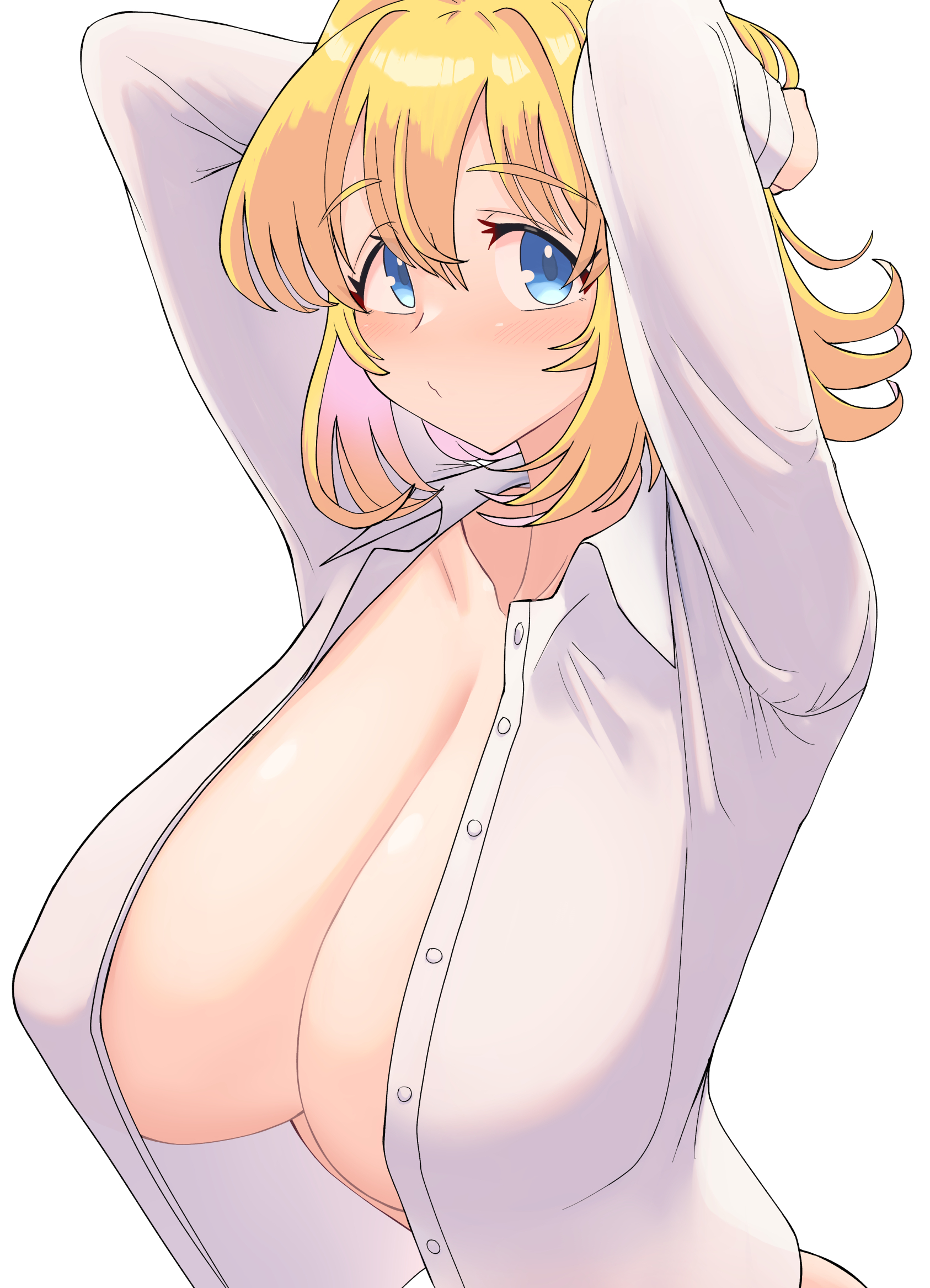 pyukasshori, alice margatroid, web (cookie), cookie (touhou), touhou, highres, 1girl, arms up, blonde hair, blue eyes, blush, breasts, cleavage, closed mouth, expressionless, hair intakes, huge breasts, long sleeves, looking at viewer, no bra, open clothes, open shirt, shirt, short hair, simple background, solo, upper body, white background, white shirt
