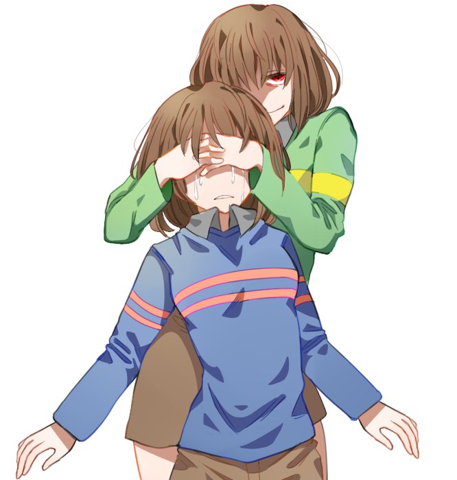 nero is so cute, chara (undertale), frisk (undertale), undertale, utdr (toby fox), commentary, korean commentary, 2others, a-pose, blue sweater, bob cut, brown hair, brown shorts, closed mouth, collared shirt, constricted pupils, covering another's eyes, crying, double horizontal stripe, evil smile, front-to-back, frown, green sweater, grey shirt, hair over one eye, layered shirt, long sleeves, looking at viewer, loose hair strand, multiple others, narrowed eyes, parted lips, pink trim, red eyes, sanpaku, shaded face, shirt, short hair, shorts, simple background, single horizontal stripe, smile, streaming tears, sweater, tears, white background, yellow trim