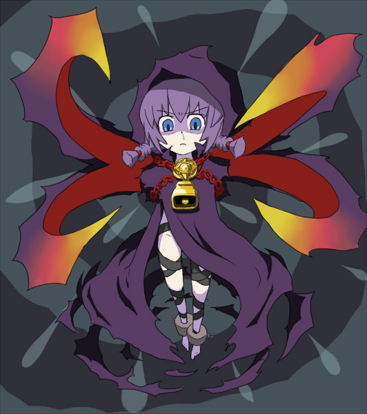 maru isu, curse maker, curse maker 2, atlus, etrian odyssey, 1girl, bell, belt, blue eyes, braid, chain, cloak, female focus, no panties, purple hair, solo, twin braids