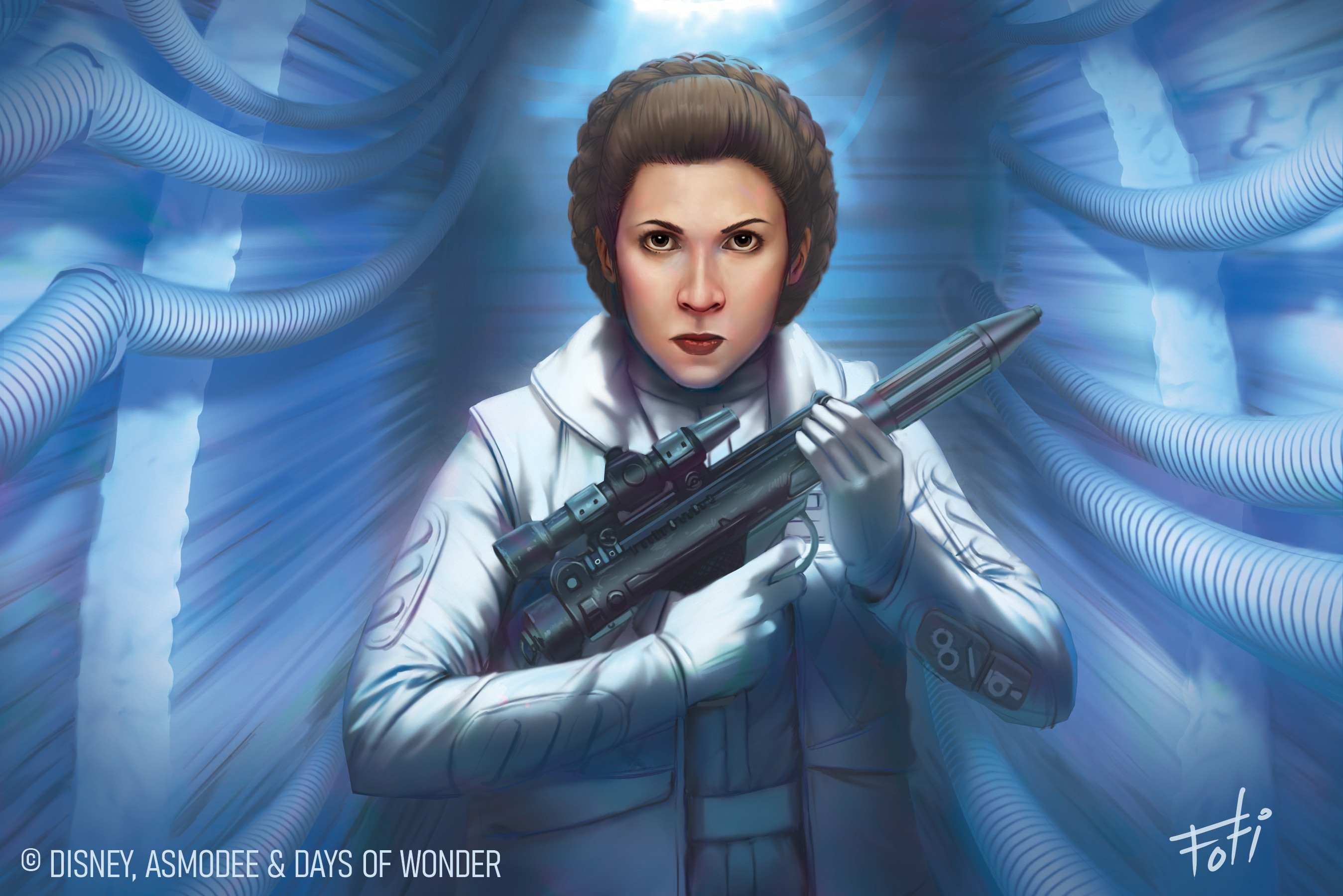 princess leia, star wars, star wars: the empire strikes back, highres, 1girl, braid, brown eyes, brown hair, english text, gloves, gun, holding, holding gun, holding weapon, jacket, looking at viewer, signature, solo, tony foti, upper body, weapon, white gloves, white jacket