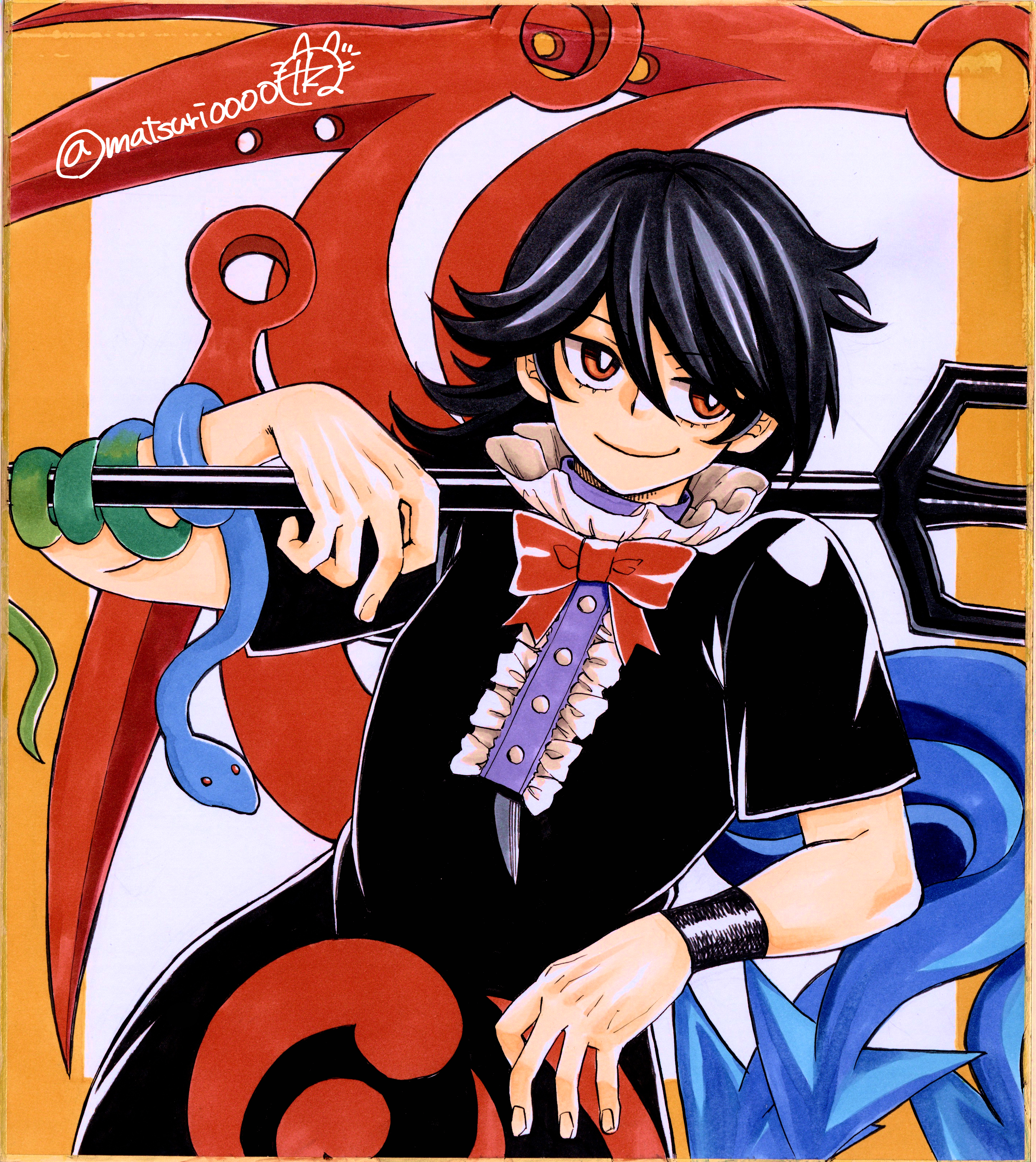 matsuri kyuuta, houjuu nue, touhou, absurdres, commentary request, highres, traditional media, 1girl, asymmetrical wings, black dress, black hair, blue wings, bow, bowtie, buttons, center frills, closed mouth, dress, frills, holding, holding polearm, holding weapon, looking at viewer, orange background, orange eyes, pointy ears, polearm, red bow, red bowtie, red wings, shikishi, short hair, short sleeves, smile, snake, solo, tomoe (symbol), trident, two-tone background, upper body, weapon, white background, wings, wristband