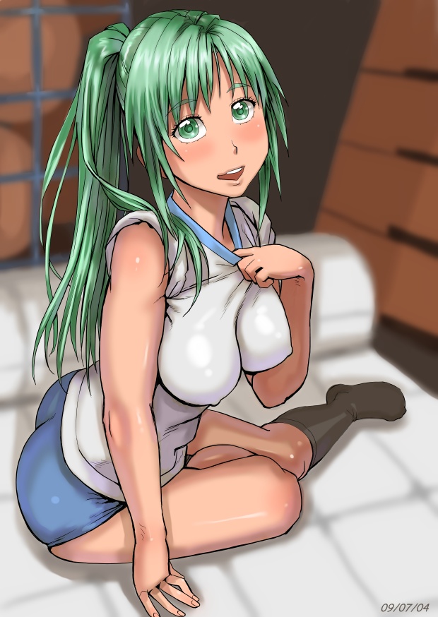 zenkou, sonozaki mion, higurashi no naku koro ni, 00s, 1girl, breasts, buruma, female focus, green eyes, green hair, impossible clothes, impossible shirt, matching hair/eyes, ponytail, shirt, solo