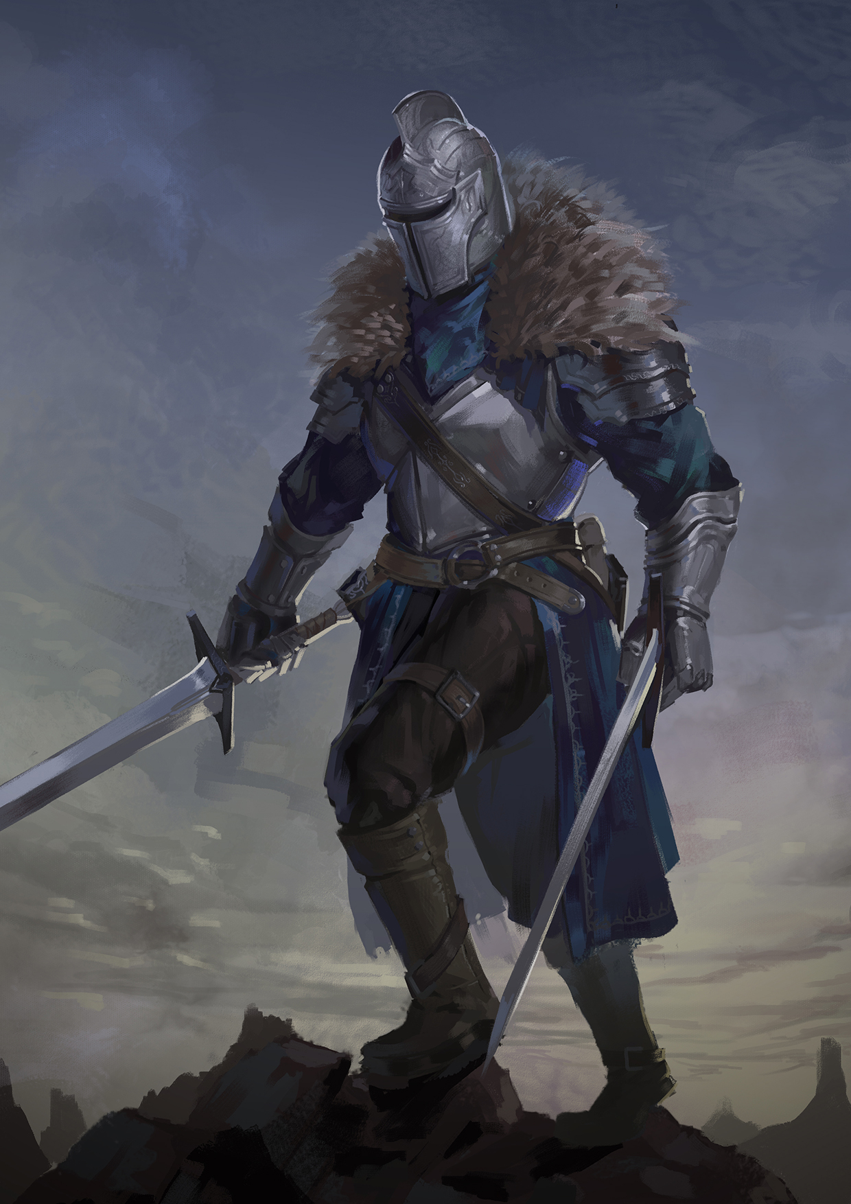 tigari, bearer of the curse, dark souls (series), dark souls ii, chinese commentary, commentary request, highres, 1other, ambiguous gender, armor, armored boots, black pants, blue shirt, boots, breastplate, day, dual wielding, full body, fur collar, gauntlets, grey sky, helm, helmet, holding, holding sword, holding weapon, knight, other focus, outdoors, overcast, pants, shirt, sky, solo, standing, sword, weapon