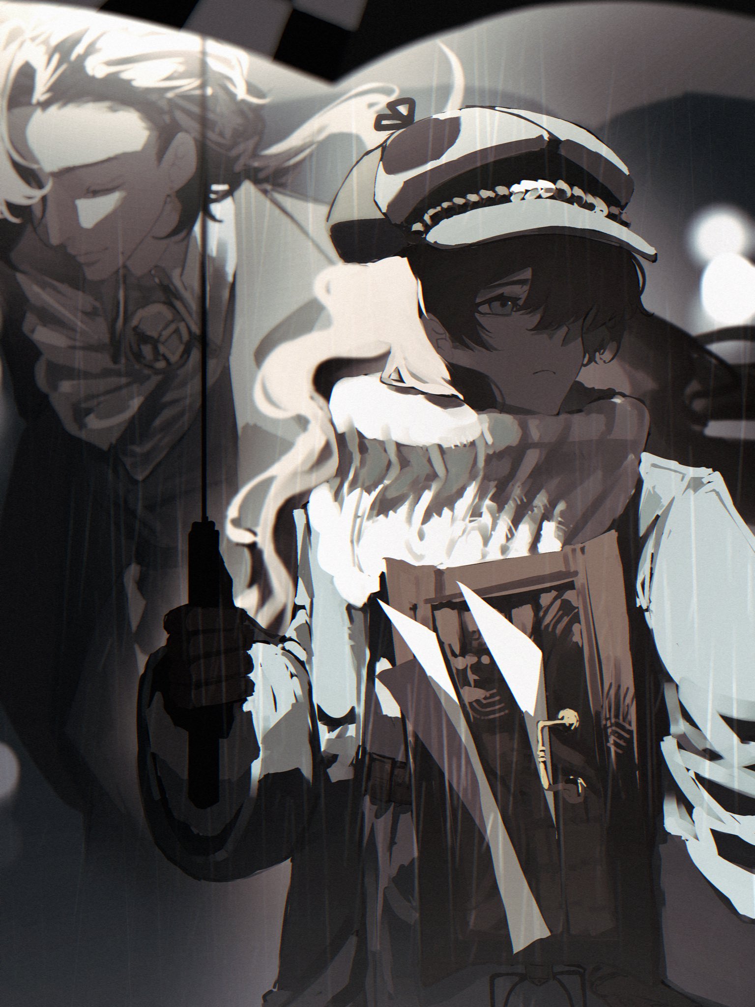 wilson (wilson1151487), greta hofmann, marcus (reverse:1999), reverse:1999, highres, 2girls, ascot, blue coat, blue eyes, brown coat, brown gloves, brown hair, carrying, carrying under arm, closed eyes, coat, gloves, grey background, grey hat, hat, holding, holding suitcase, holding umbrella, long hair, looking to the side, low ponytail, multiple girls, newsboy cap, ponytail, profile, rain, scarf, shirt, suitcase, umbrella, upper body, white ascot, white scarf, white shirt