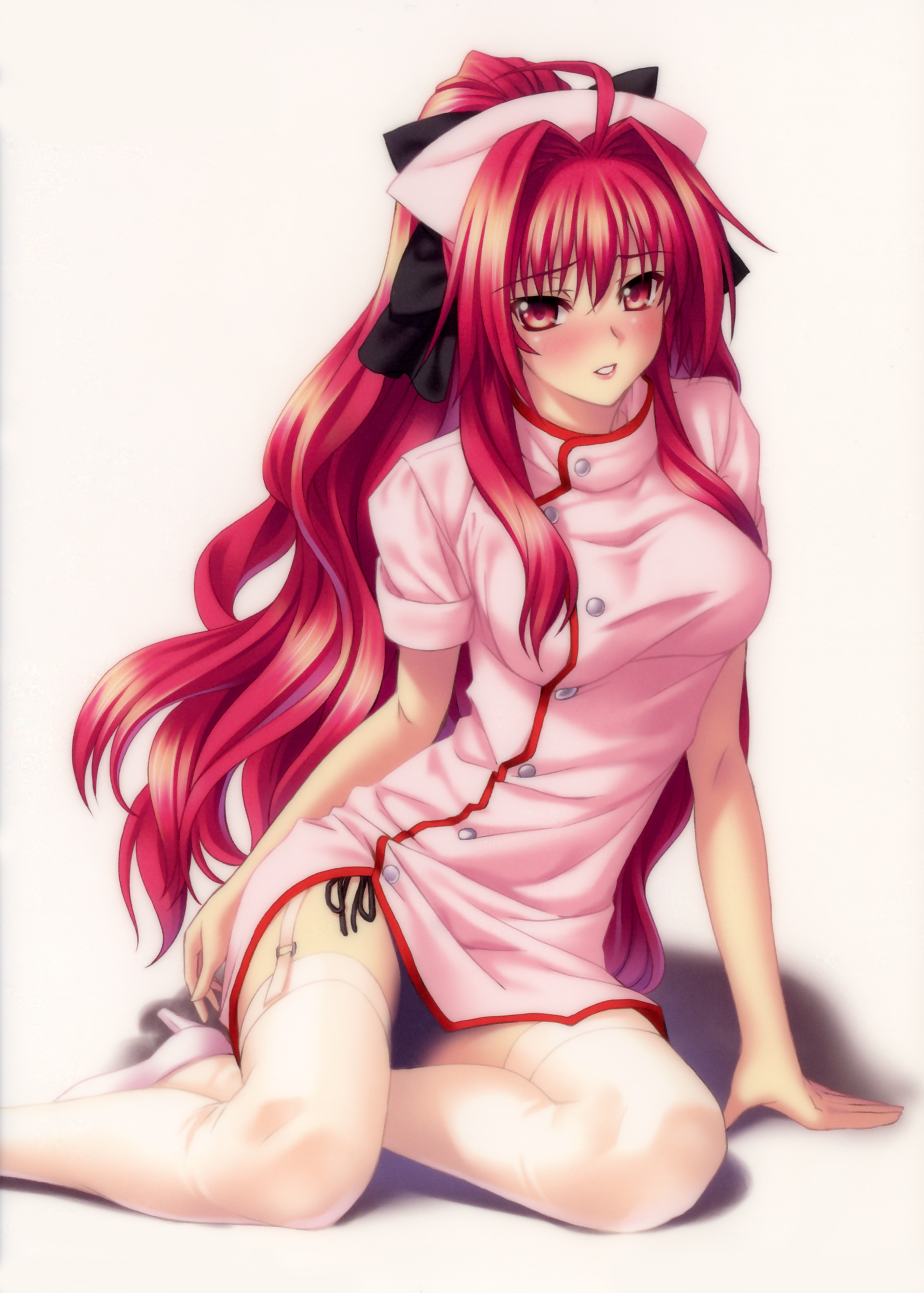 kannatsuki noboru, corticarte apa lagranges, shinkyoku soukai polyphonica, absurdres, highres, 00s, 1girl, blush, breasts, china dress, chinese clothes, dress, female focus, garter belt, hair ribbon, high heels, large breasts, long hair, looking at viewer, nurse, panties, red eyes, red hair, ribbon, shoes, side-tie panties, sitting, smile, solo, thighhighs, underwear