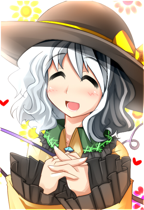 kazetto, komeiji koishi, touhou, silver hair, 1girl, closed eyes, female focus, hat, heart, short hair, solo
