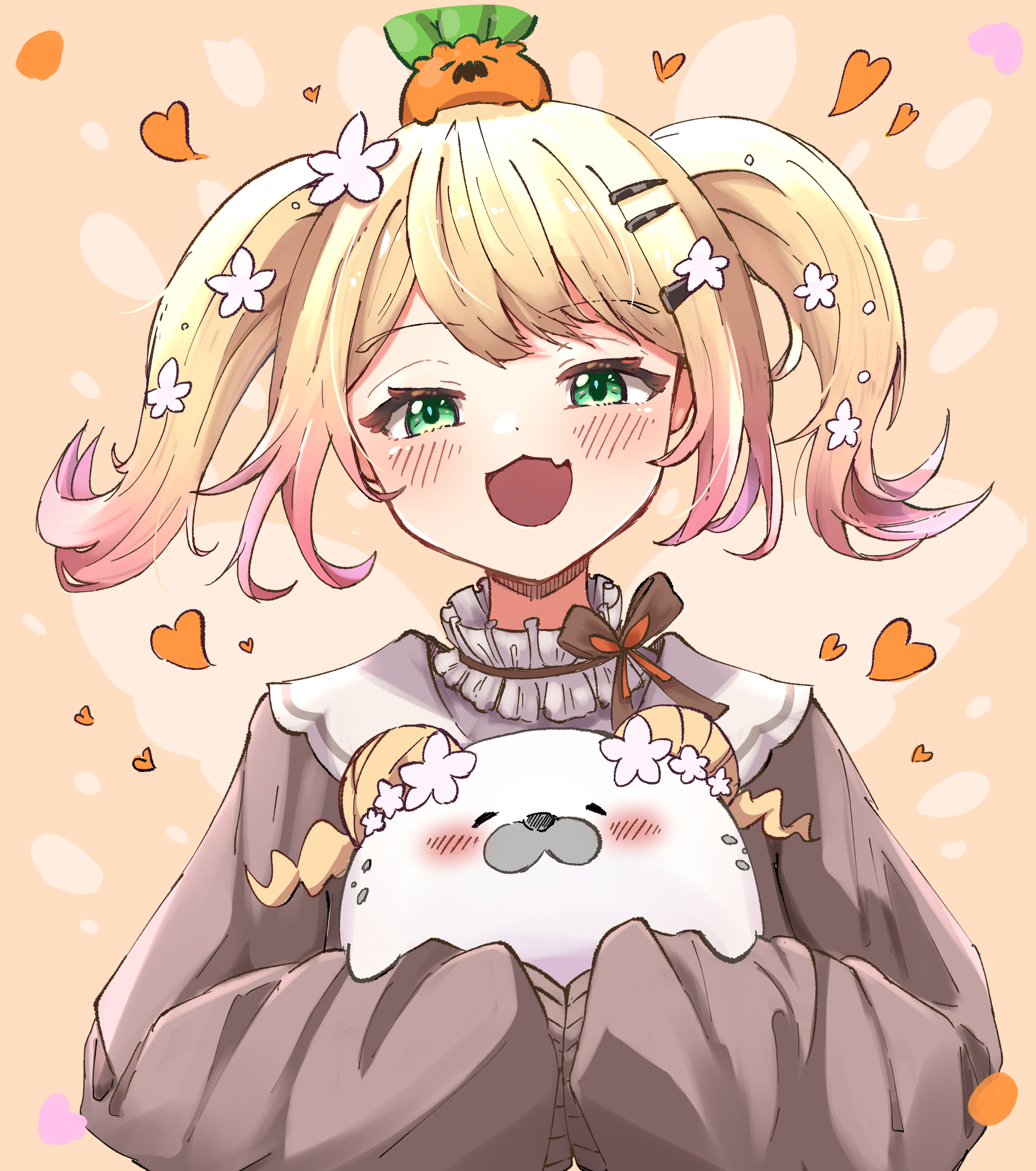 momosuzu nene, momosuzu nene (casual), momosuzu nene (seal), nekko (momosuzu nene), hololive, absurdres, commentary request, highres, 1girl, blonde hair, blush, bow, bowtie, brown bow, brown bowtie, brown cardigan, brown sweater, cardigan, collar, double bun, fang, flower, frilled collar, frills, gradient hair, green eyes, hair bun, hair flower, hair ornament, hairclip, heart, holding, looking at viewer, multicolored hair, official alternate costume, official alternate hairstyle, on head, open mouth, pink hair, sailor collar, seal (animal), short hair, skin fang, sleeves past fingers, sleeves past wrists, smile, sweater, swept bangs, twintails, upper body, user tamh4573, virtual youtuber, white flower, white sailor collar, yellow background