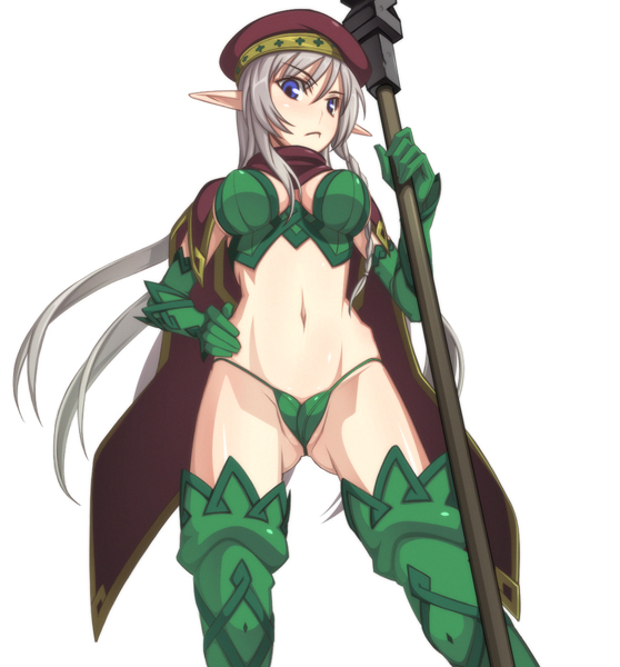 caryo, nanashino, alleyne (queen's blade), fighting master alleyne, queen's blade, 00s, 1girl, beret, blue eyes, boots, braid, breasts, cape, elf, female focus, from below, grey hair, hat, long hair, midriff, pointy ears, revealing clothes, simple background, solo, staff, thigh boots, thighhighs