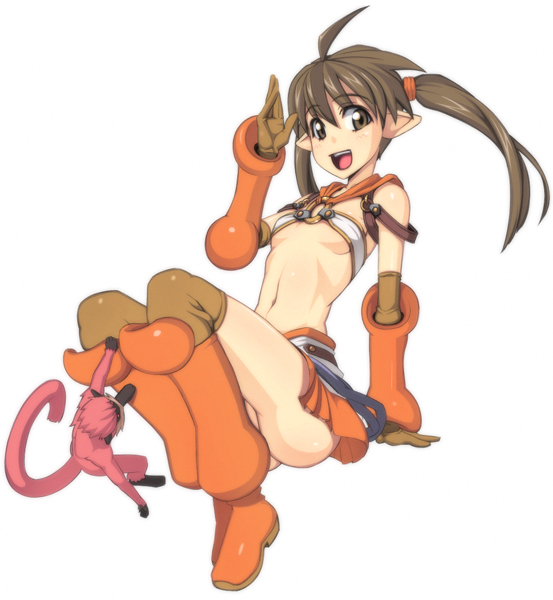 caryo, nanashino, forest keeper nowa, nowa (queen's blade), ruu (queen's blade), queen's blade, 00s, 1girl, breasts, brown eyes, brown hair, female focus, flat chest, legs, long hair, monkey, pointy ears, revealing clothes, simple background, skirt, solo, thighhighs, twintails, underboob