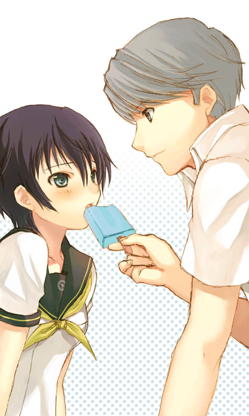 seiru (prairie), narukami yu, shirogane naoto, atlus, persona, persona 4, 1boy, 1girl, blue eyes, blue hair, blush, couple, food, grey eyes, grey hair, hetero, ice cream, popsicle, school uniform, serafuku, short hair