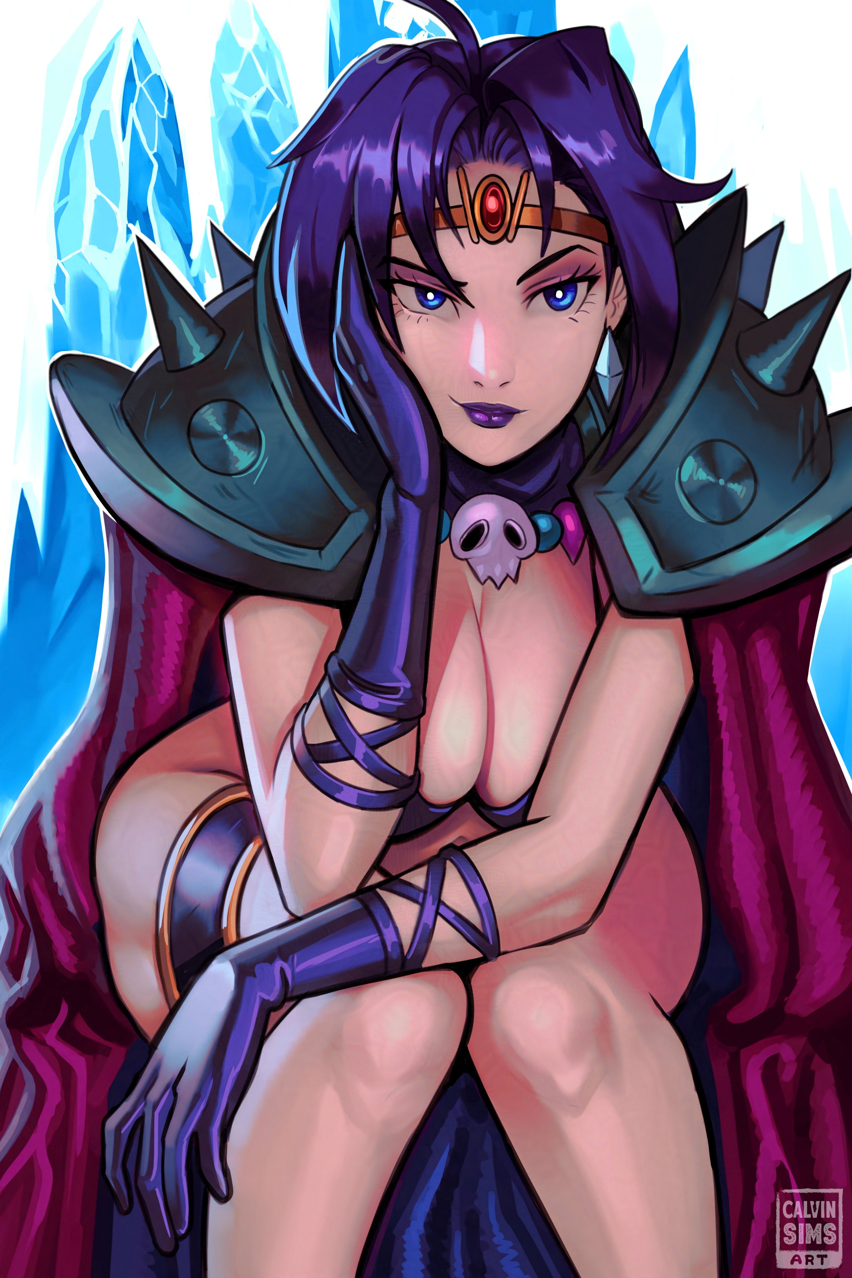 calvin sims, naga the serpent, slayers, absurdres, commentary, highres, 1girl, ahoge, artist name, blue eyes, breasts, cape, cleavage, gloves, large breasts, long hair, purple gloves, purple hair, purple lips, red cape, sitting, smile, solo