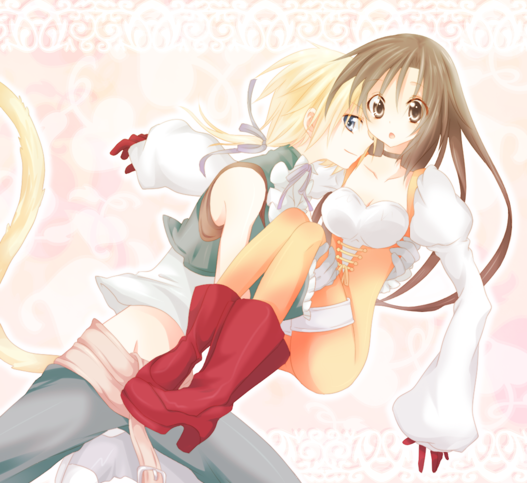 riichu, garnet til alexandros xvii, zidane tribal, final fantasy, final fantasy ix, bad id, bad pixiv id, 00s, 1boy, 1girl, belt, blonde hair, blue eyes, blush, boots, breasts, brown eyes, brown hair, cleavage, gloves, large breasts, long hair, tail