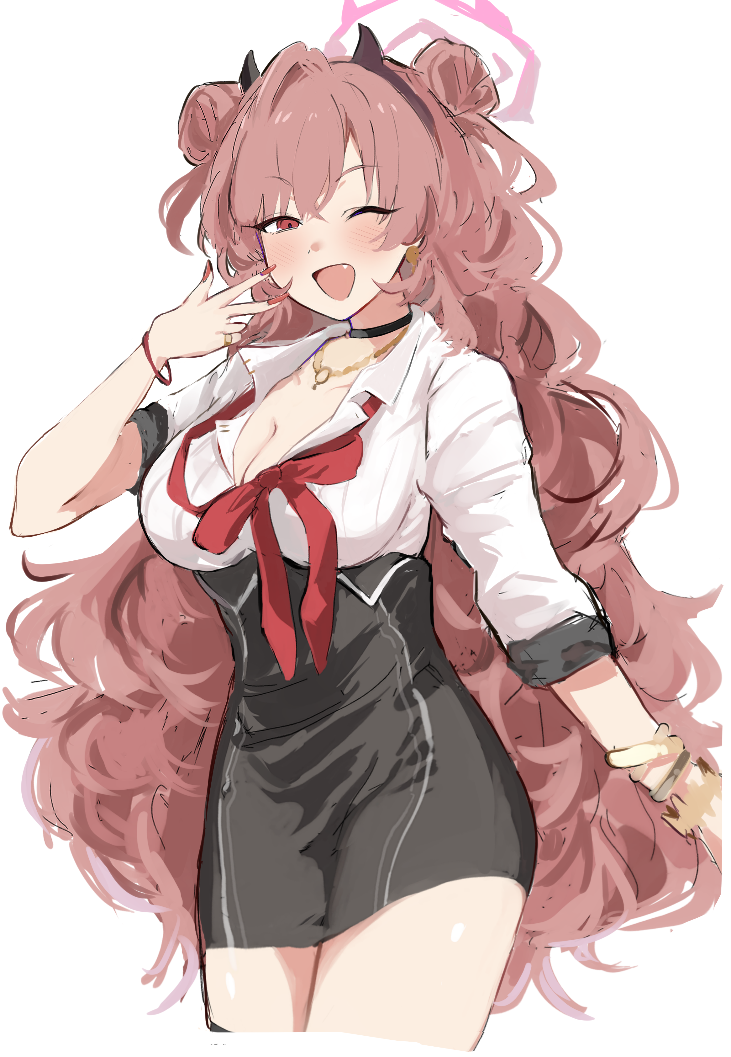 kirara (blue archive), blue archive, absurdres, commentary request, highres, 1girl, ;d, black choker, black hairband, black skirt, blush, bow, bowtie, bracelet, breasts, choker, cleavage, cowboy shot, double bun, dress shirt, fake horns, fang, fingernails, gold bracelet, gold necklace, gold ring, gyaru, hair bun, hairband, halo, hentai-chan ex, high-waist skirt, horn hairband, horns, jewelry, long fingernails, long hair, loose bowtie, medium breasts, miniskirt, multiple bracelets, nail polish, necklace, one eye closed, open mouth, partially unbuttoned, pencil skirt, pink hair, pink halo, red bow, red bowtie, red eyes, red nails, school uniform, shirt, side up bun, simple background, skirt, sleeves rolled up, smile, solo, thigh strap, two side up, underbust, very long hair, w, wavy hair, white background, white shirt